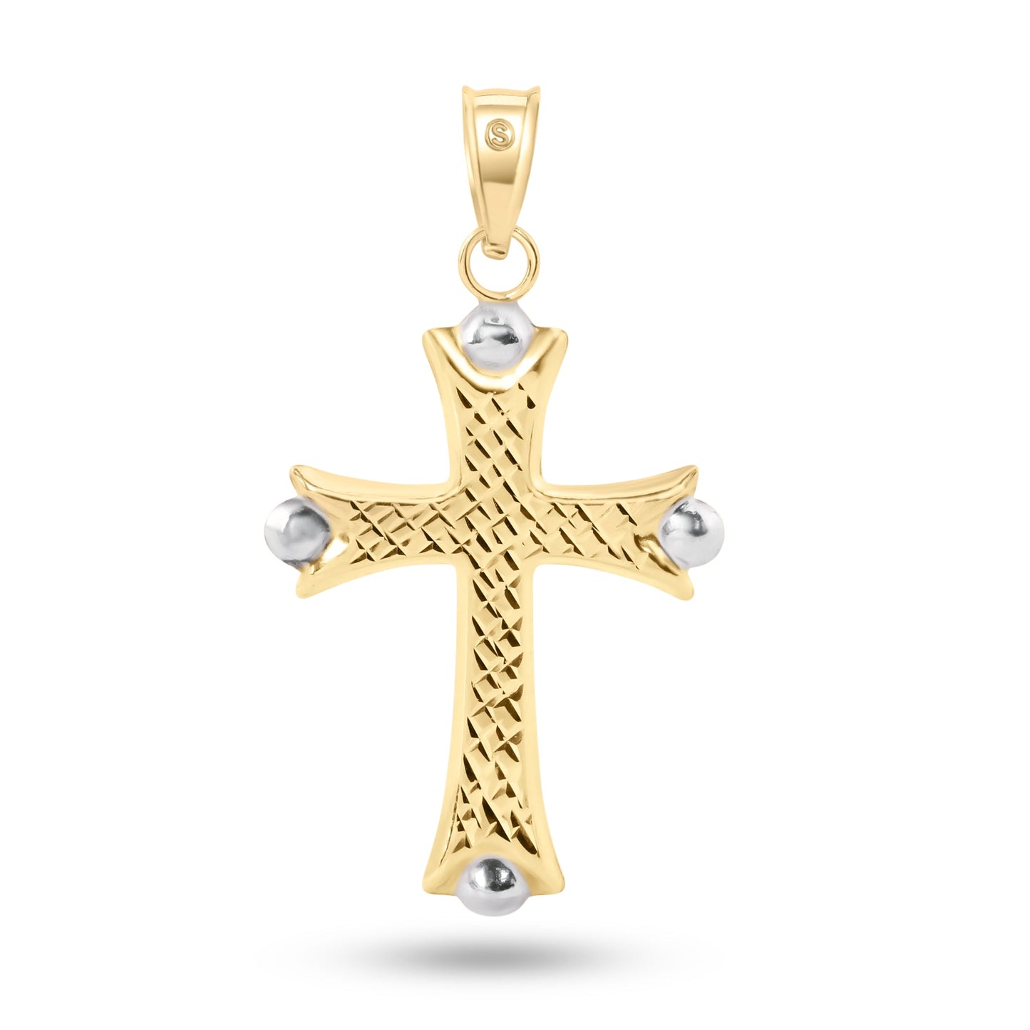 14k Yellow Gold 2 Sided Patterned White Gold Bead Edge Hollow Tube Cross Pendant