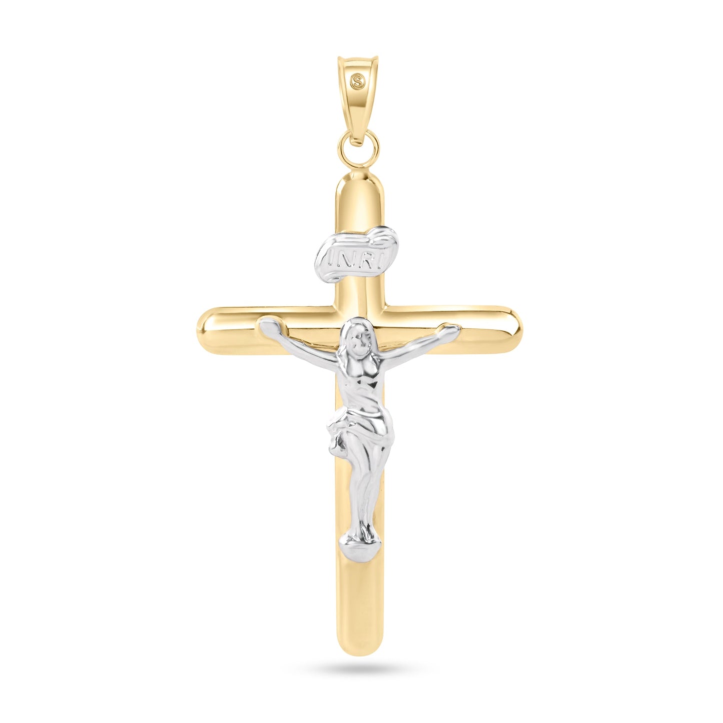 14k Yellow Gold 2 Tone Plain Jesus Hollow Tube Cross Pendant Crucifix INRI Charm