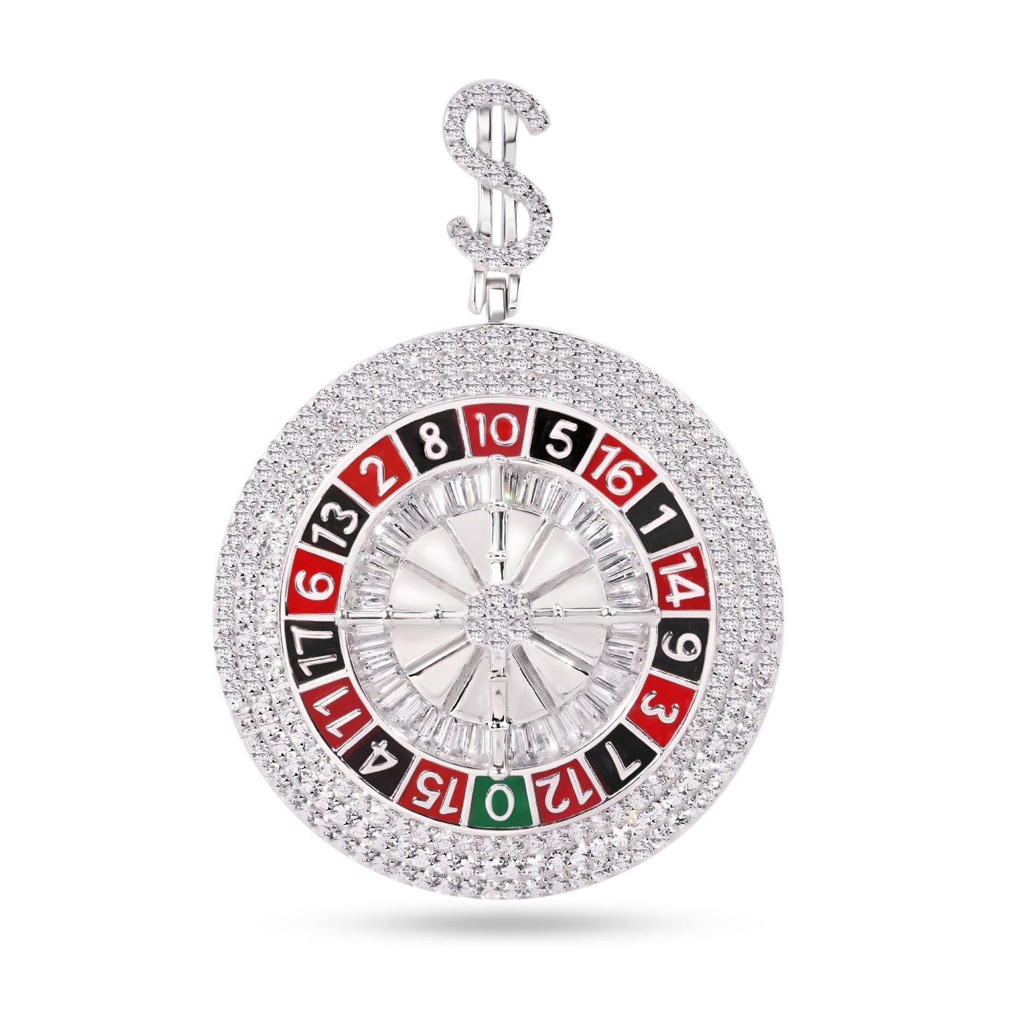 Rhodium Plated 925 Sterling Silver Casino Roulette Money CZ Gambling $ Pendant