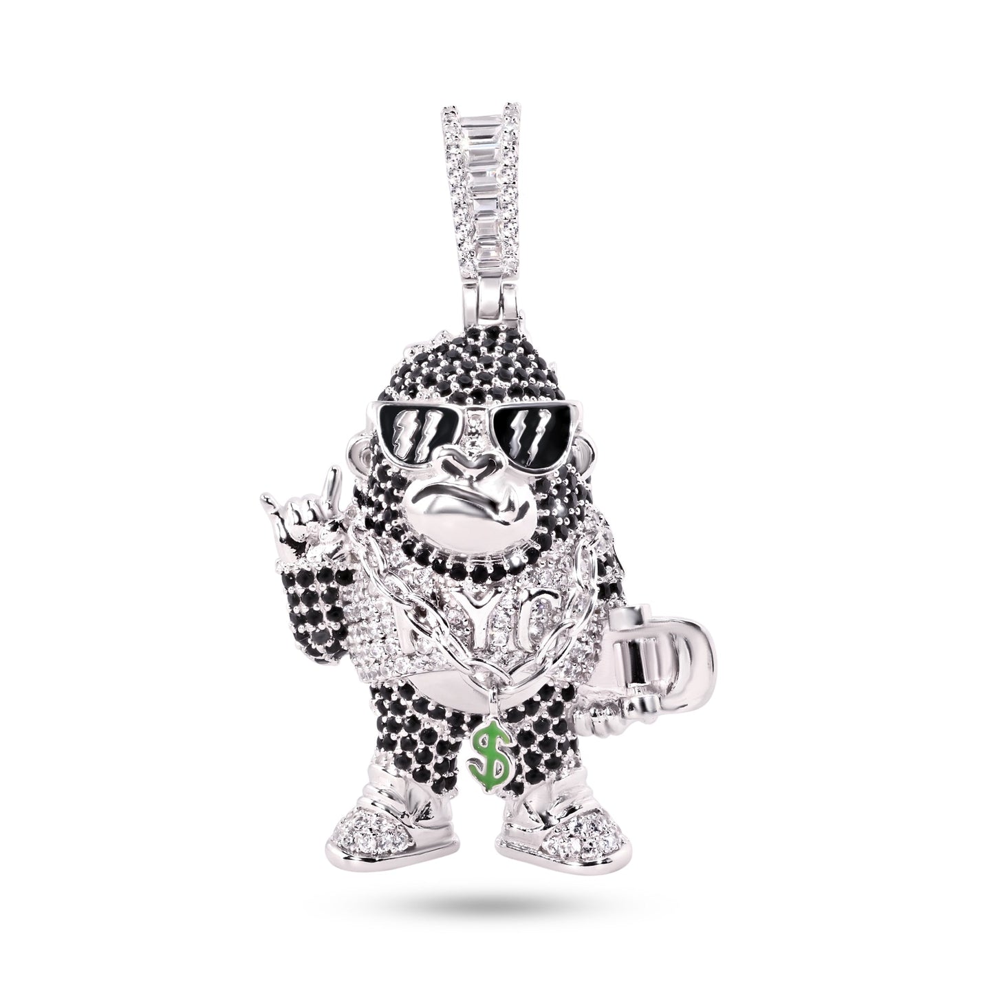 Rhodium Plated 925 Sterling Silver Hip-Hop Skater Money Clear CZ Enamel Pendant