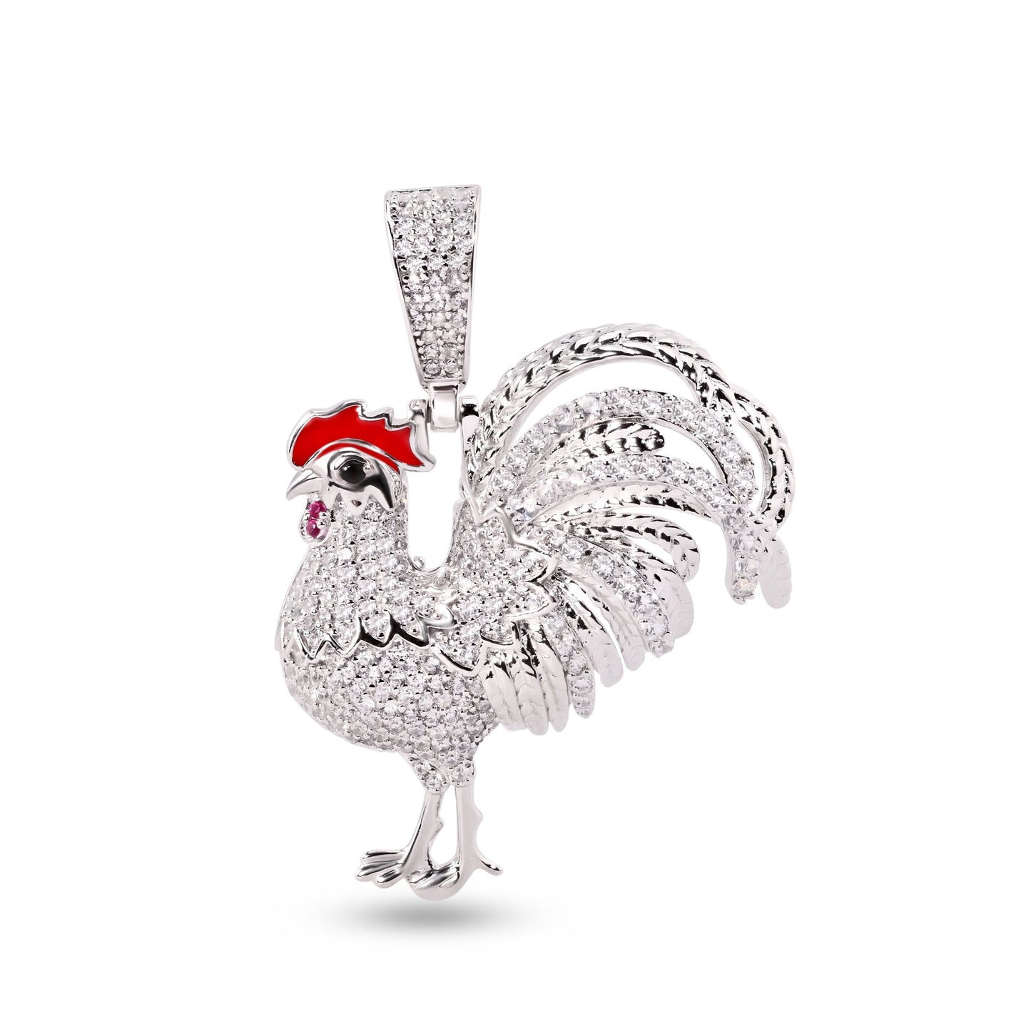 Rhodium Plated 925 Sterling Silver Rooster CZ Enamel Farm Animal Chicken Pendant