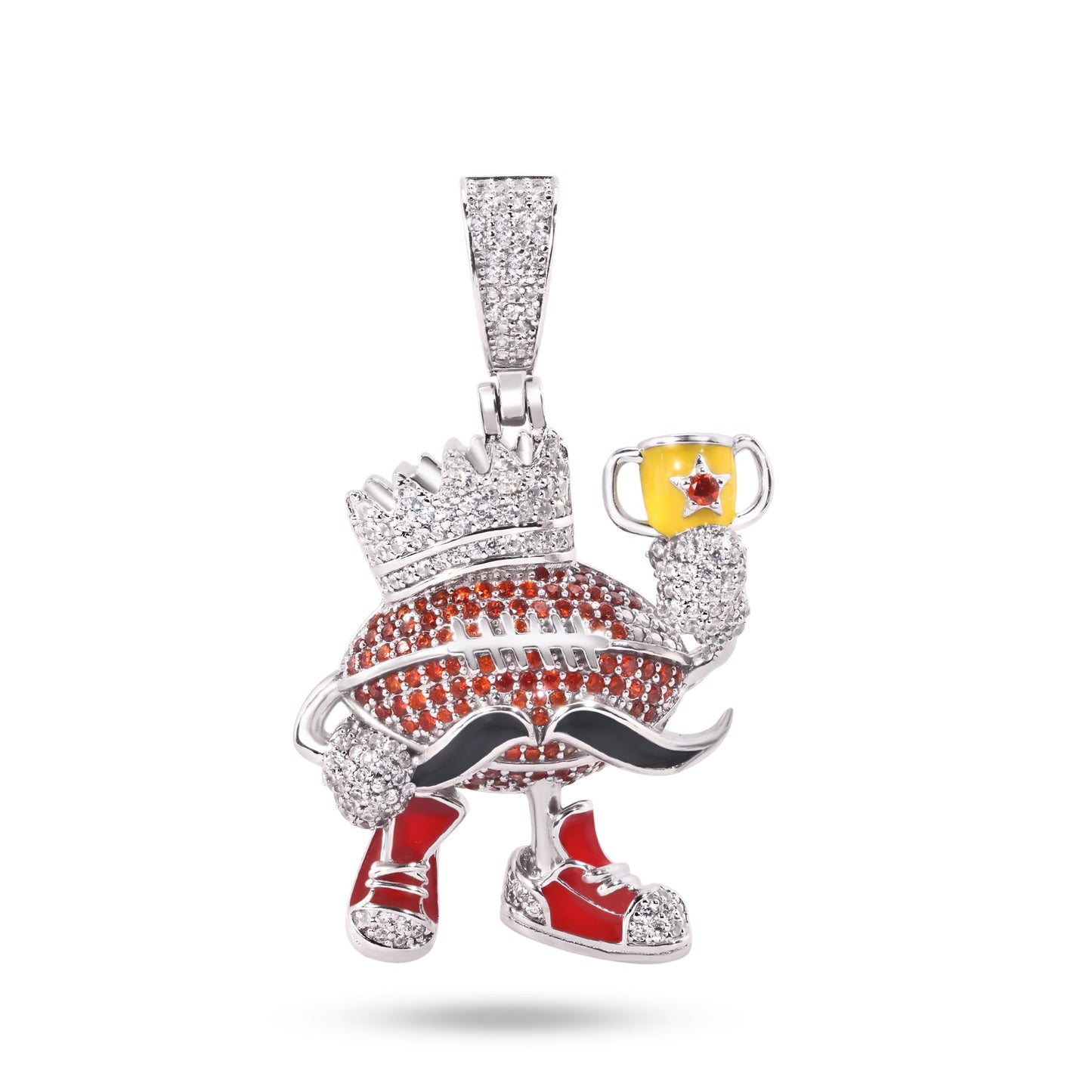 Rhodium Plated 925 Sterling Silver Football Crown Mustache CZ Enamel Pendant