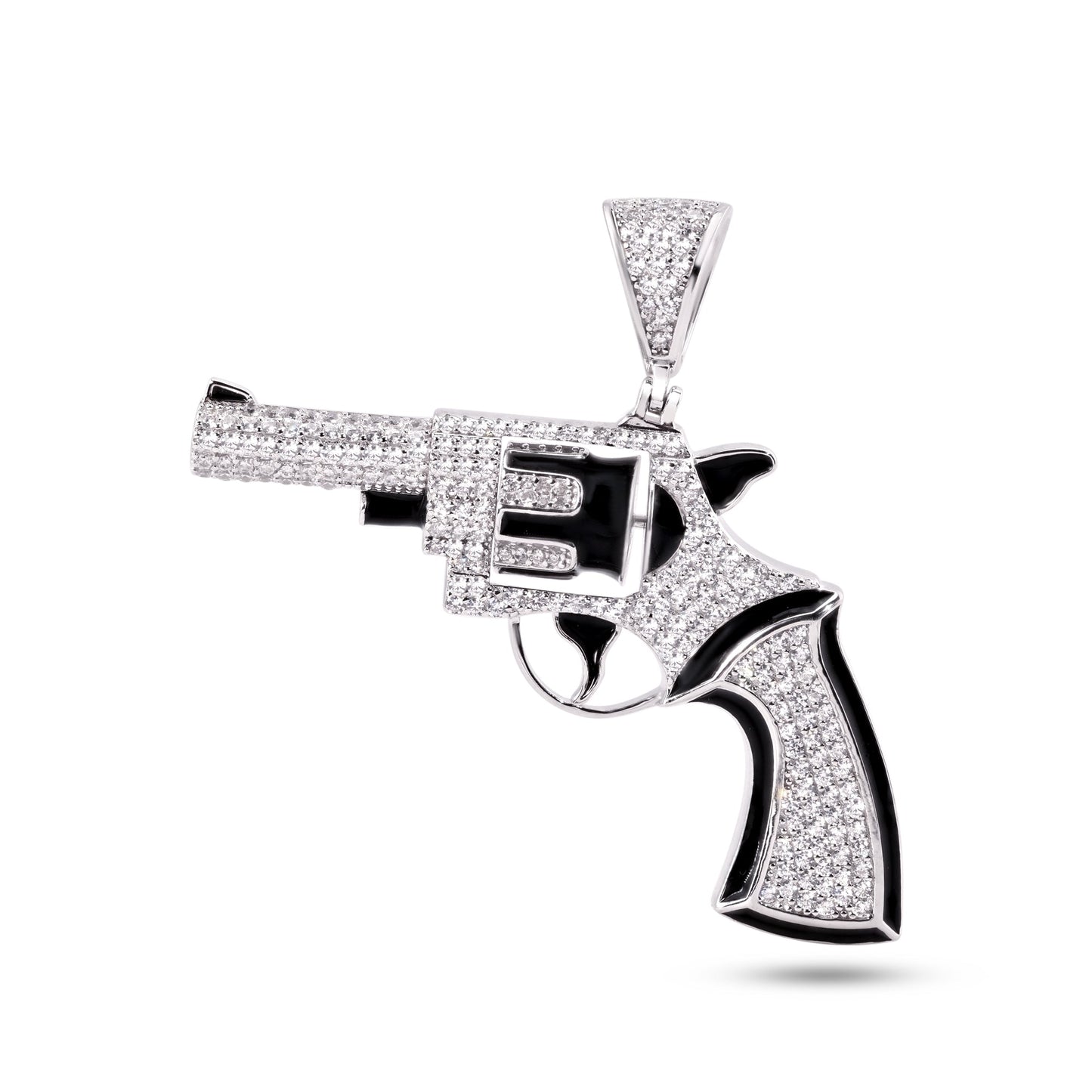Rhodium Plated 925 Sterling Silver Revolver Gun Clear CZ Black Enamel Pendant