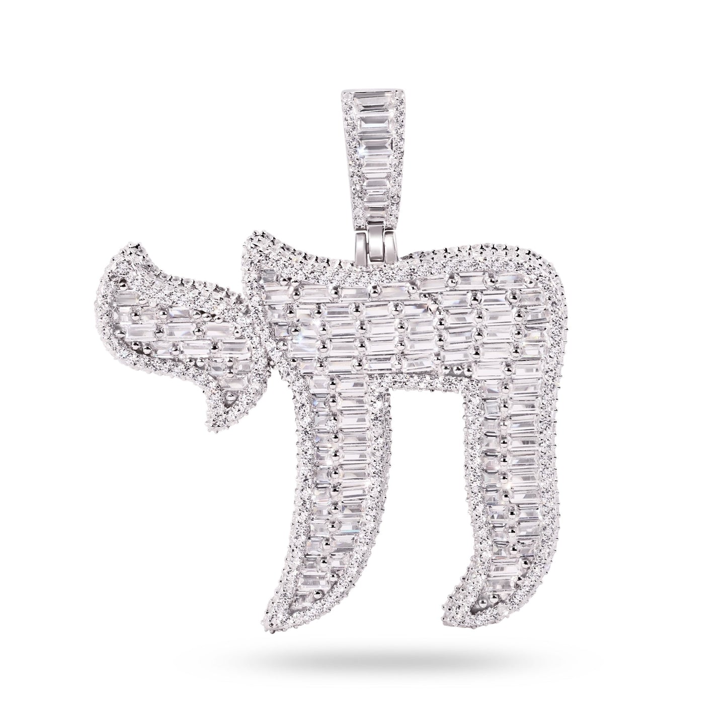 Rhodium Plated 925 Sterling Silver Jewish Chai Life Baguette Clear CZ Pendant