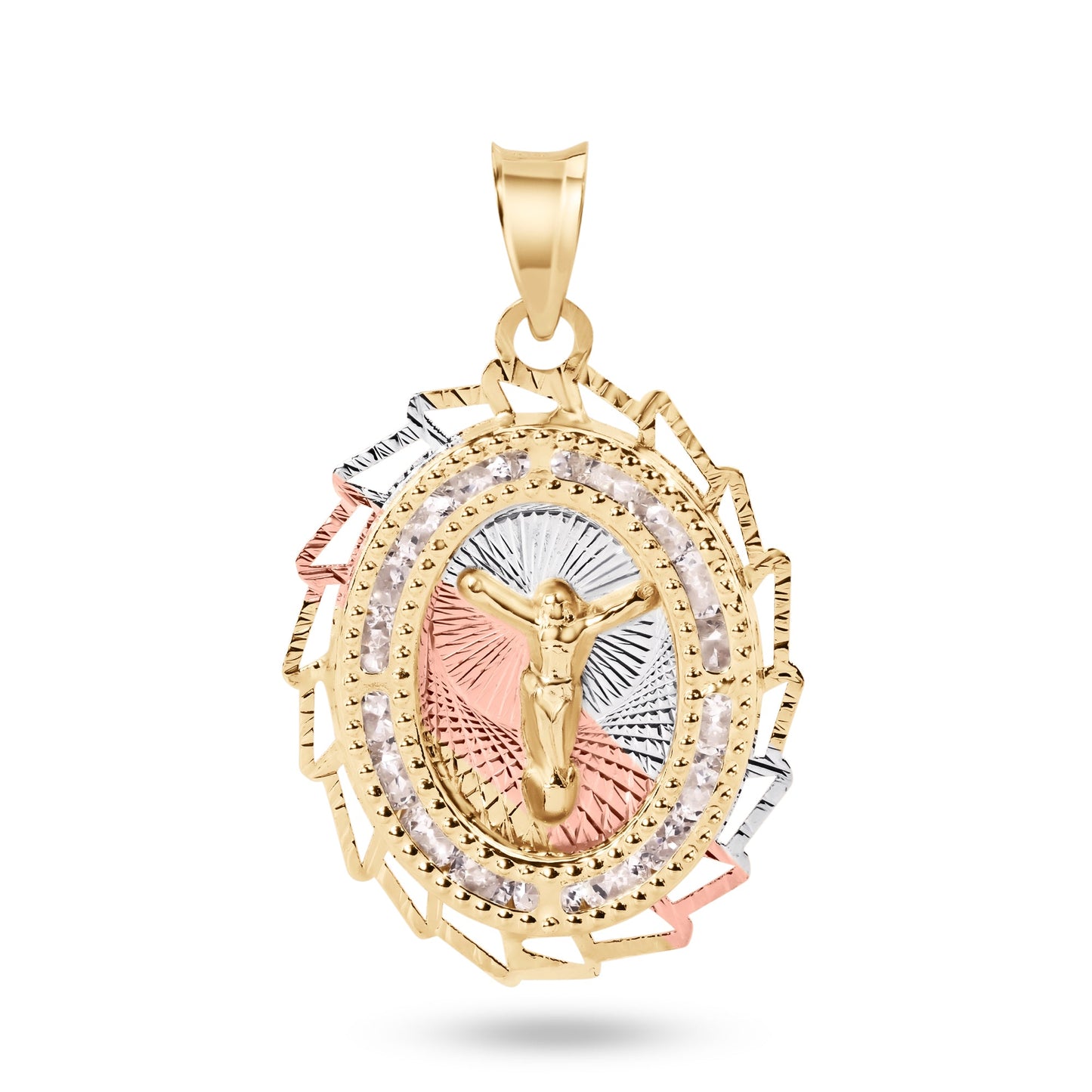 14k Yellow Gold 2 Tone Diamond Cut Oval Sharp Edge Bezel Jesus Christ CZ Pendant