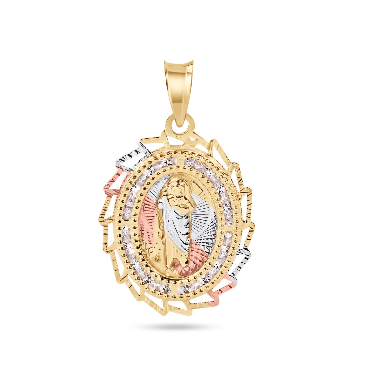 14k Yellow Gold 2 Tone Diamond Cut Oval Sharp Edge Bezel Saint Jude CZ Pendant