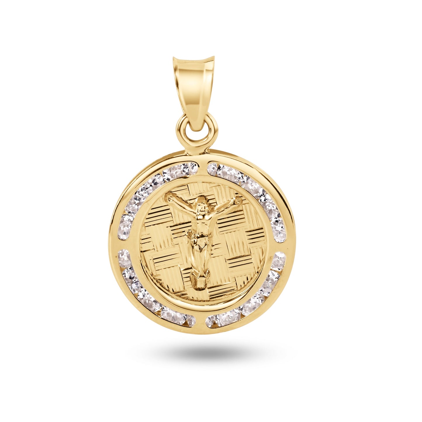 14k Yellow Gold Round Jesus Christ Crucifix Christian Clear CZ Medallion Pendant