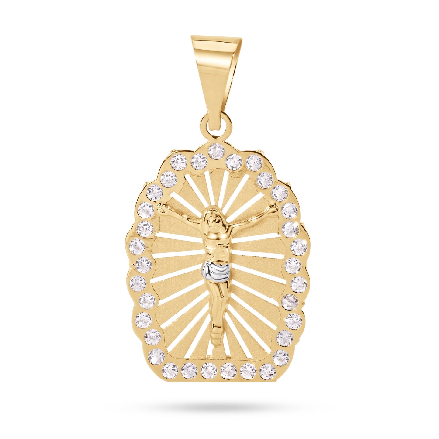 14 Karat Yellow Gold 2 Tone Jesus Christ Crucifix Cross Charm Clear CZ Pendant