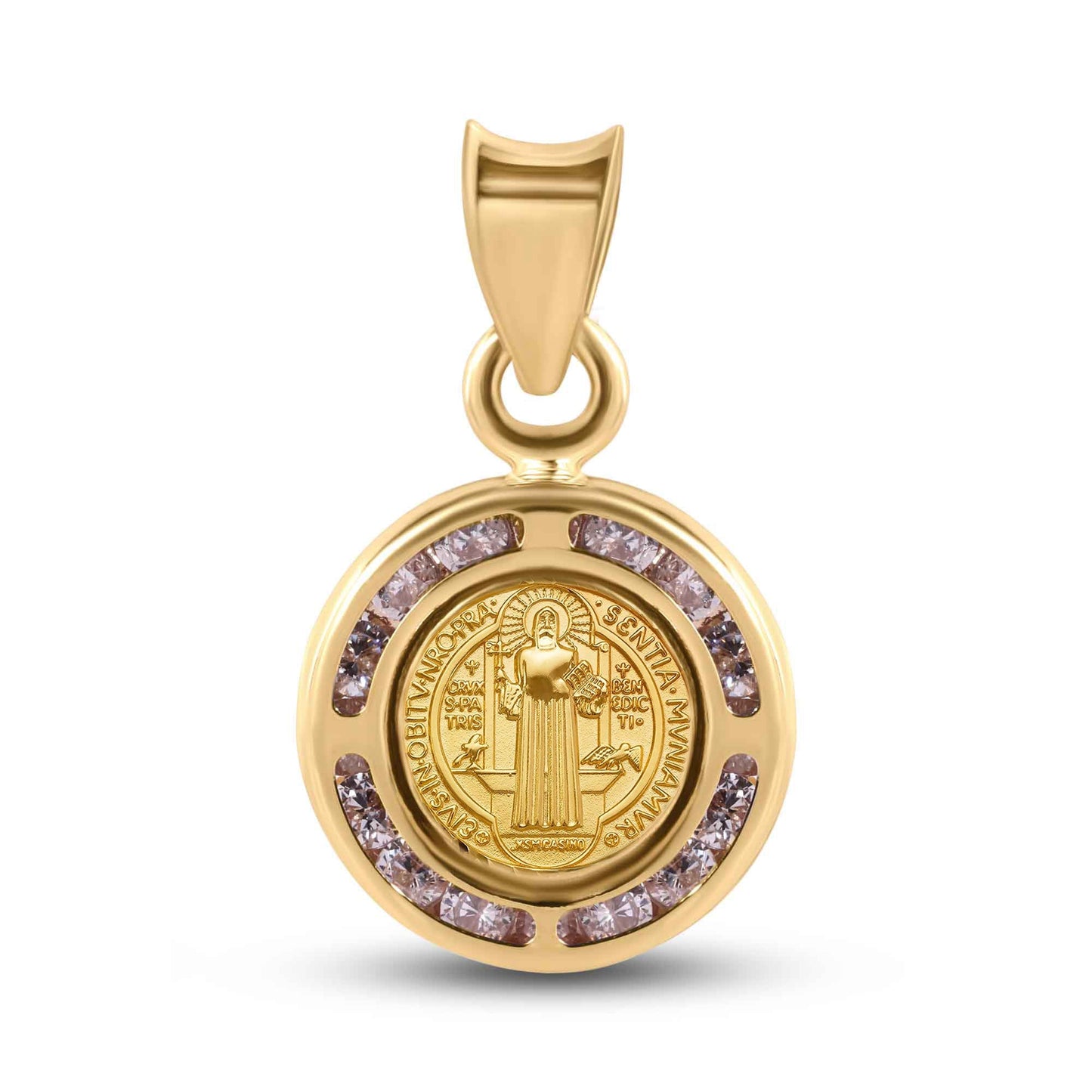 14k Yellow Gold Saint Benedict Medal Clear CZ Medallion Catholic Charm Pendant