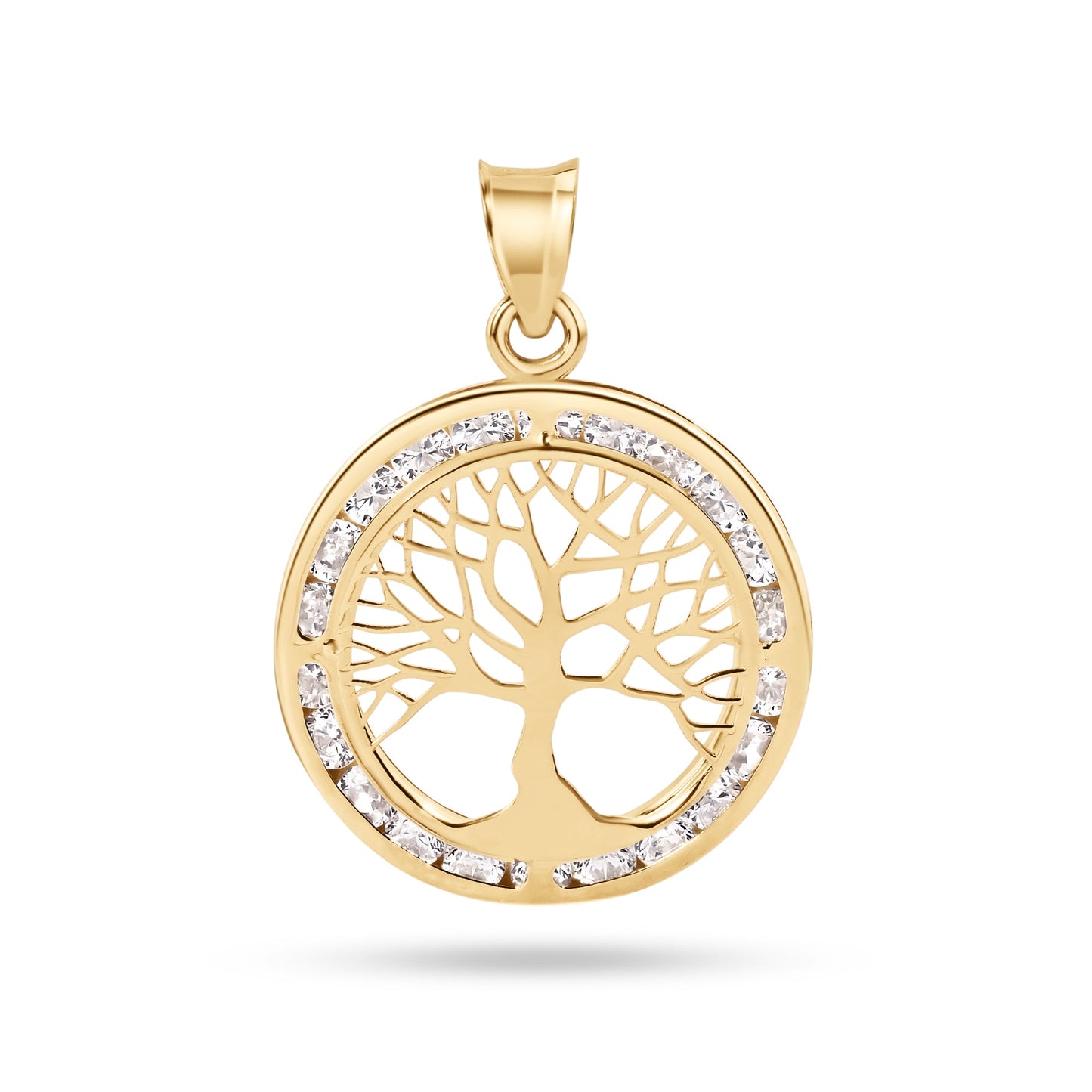 14k Yellow Gold 19mm Tree of Life CZ Medallion Family Nature Pendant