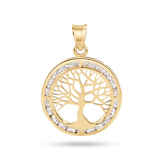 14k Yellow Gold 19mm Tree of Life CZ Medallion Family Nature Pendant