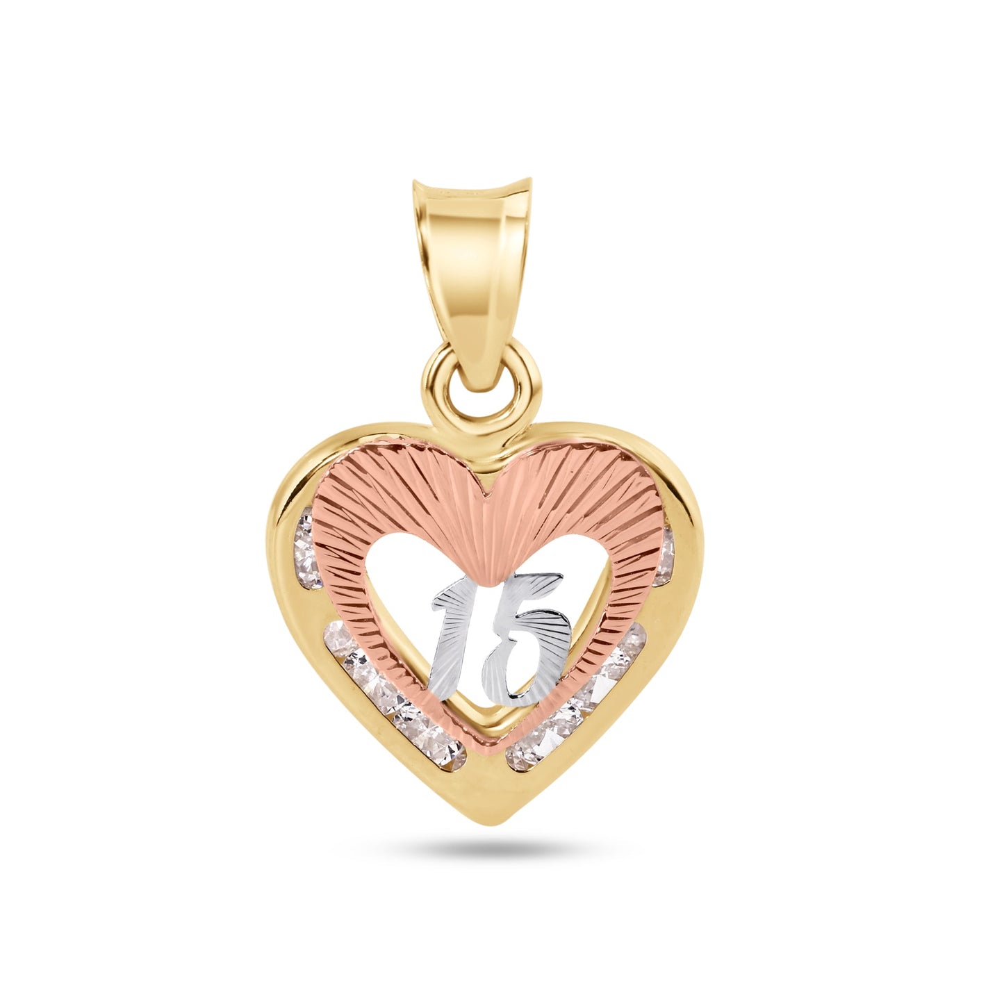 14k Yellow Gold Heart 2 Tone Quinceañera 15 Anos Diamond Cut Clear CZ Pendant