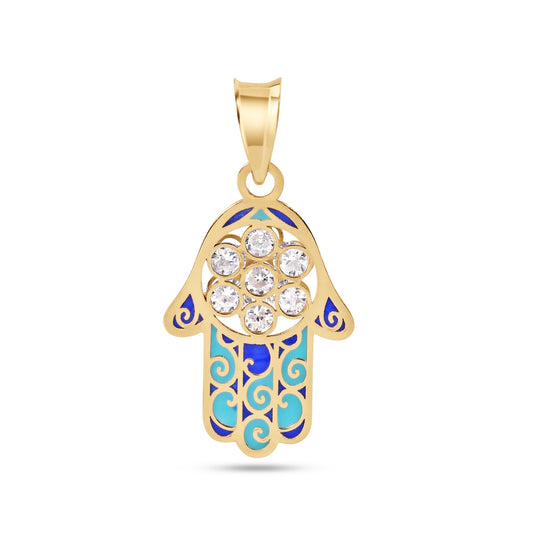 14k Yellow Gold Hamsa Enamel Simulated Turquiose and Blue with Clear CZ Pendant
