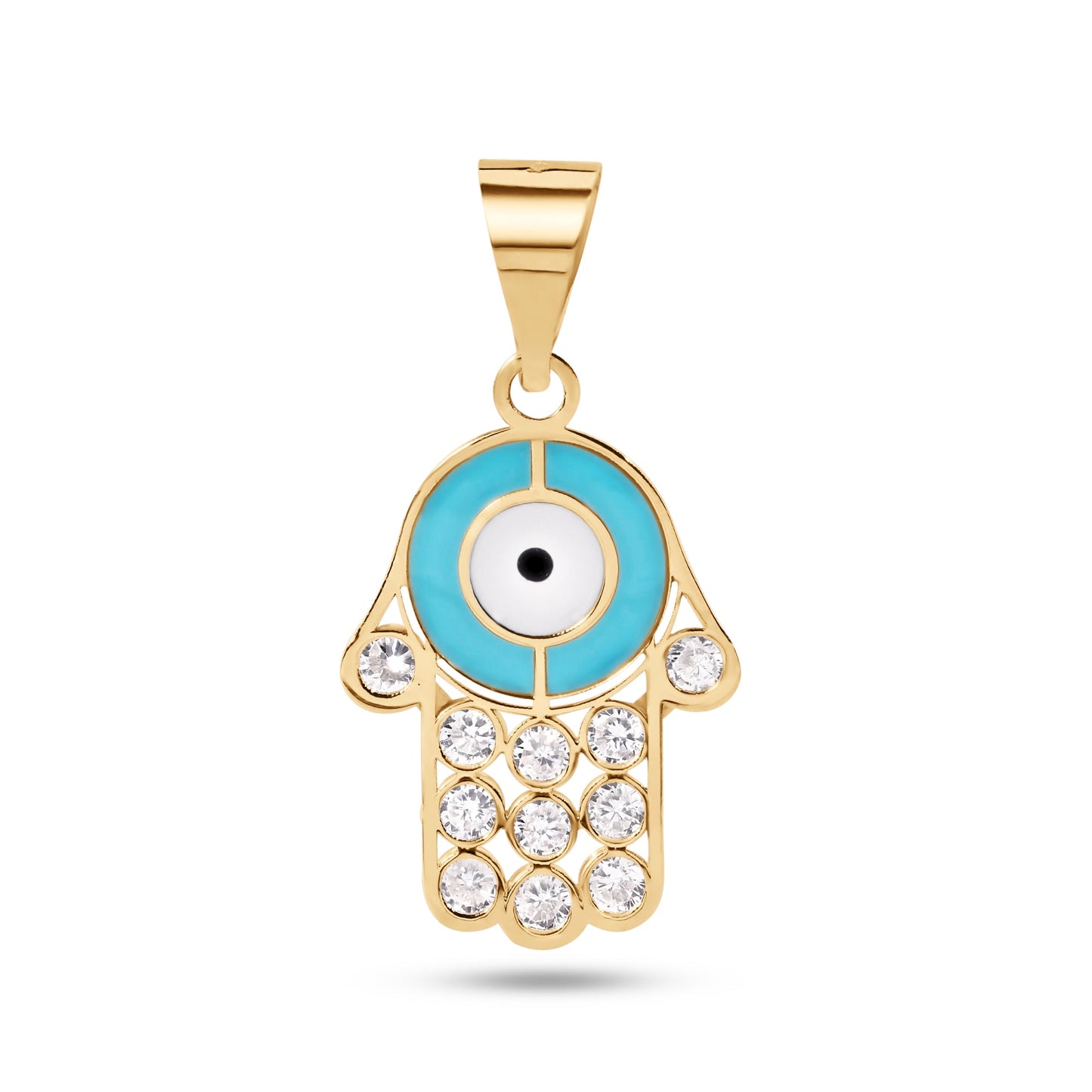 14k Yellow Gold Hamsa Enamel Simulated Turquiose and White with Clear CZ Pendant