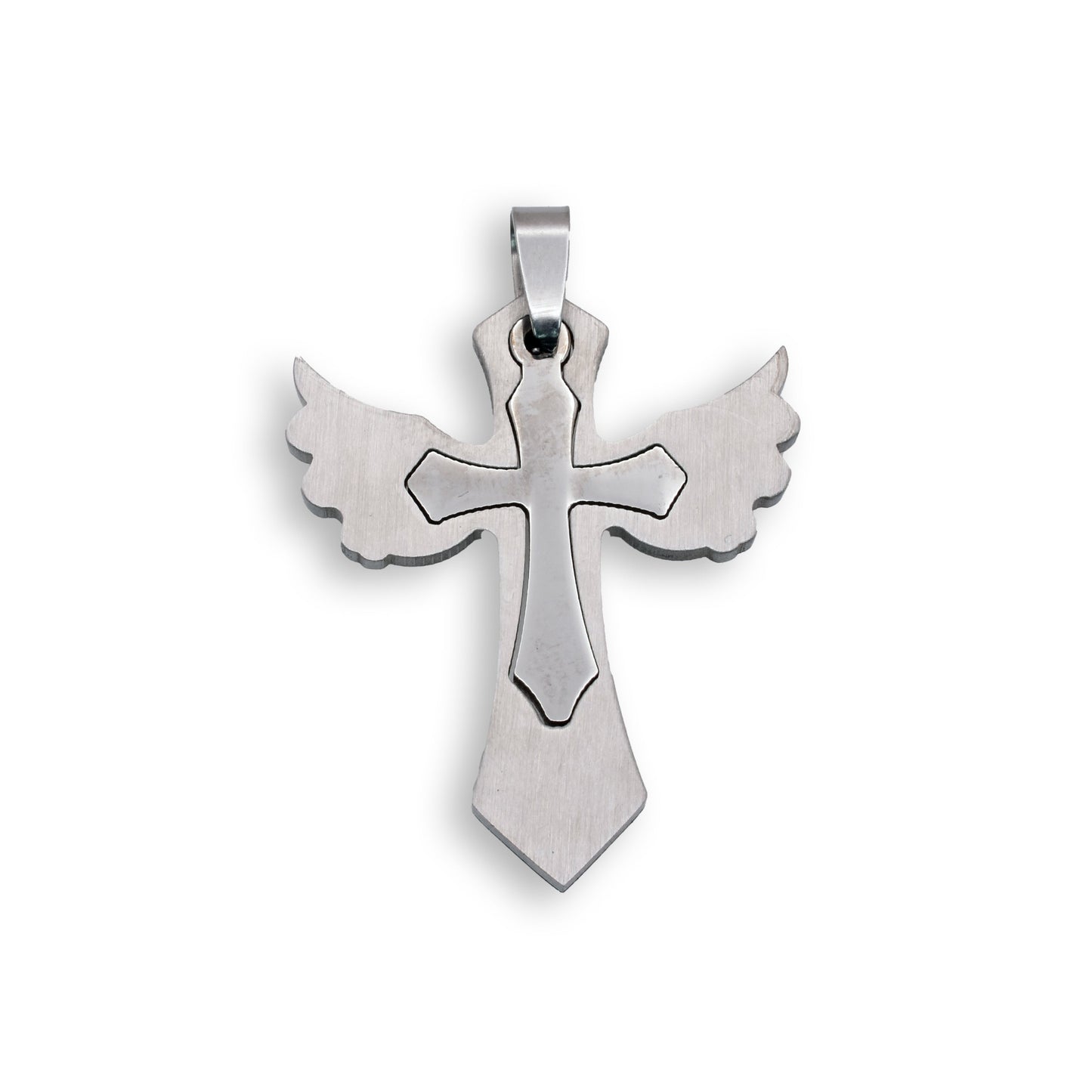 Rhodium Plated Stainless Steel Wing Cross Inlay Pendant Christian Angel Charm