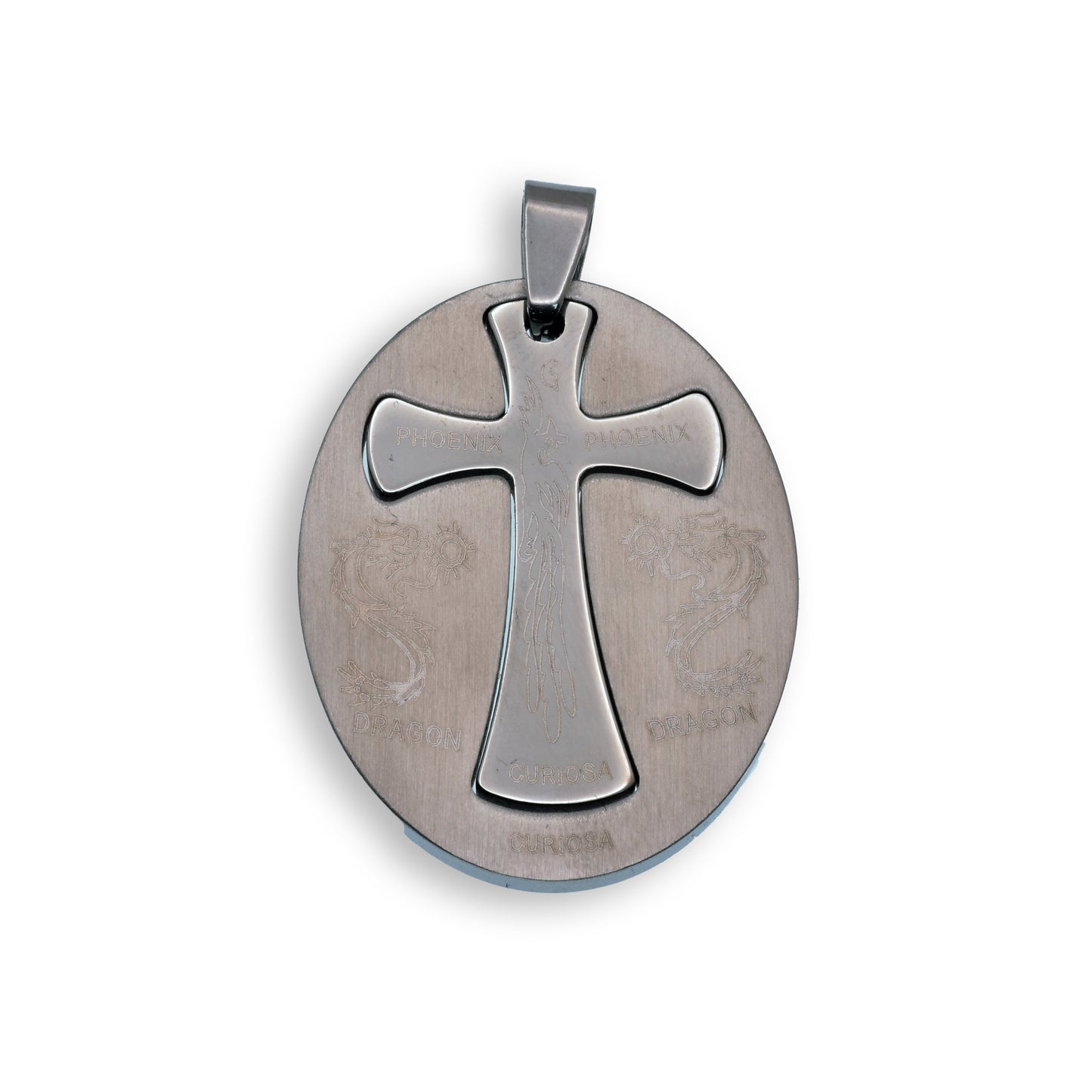 Rhodium Plated Stainless Steel Dragon & Phoenix Cut Out Cross Oval Pendant Charm