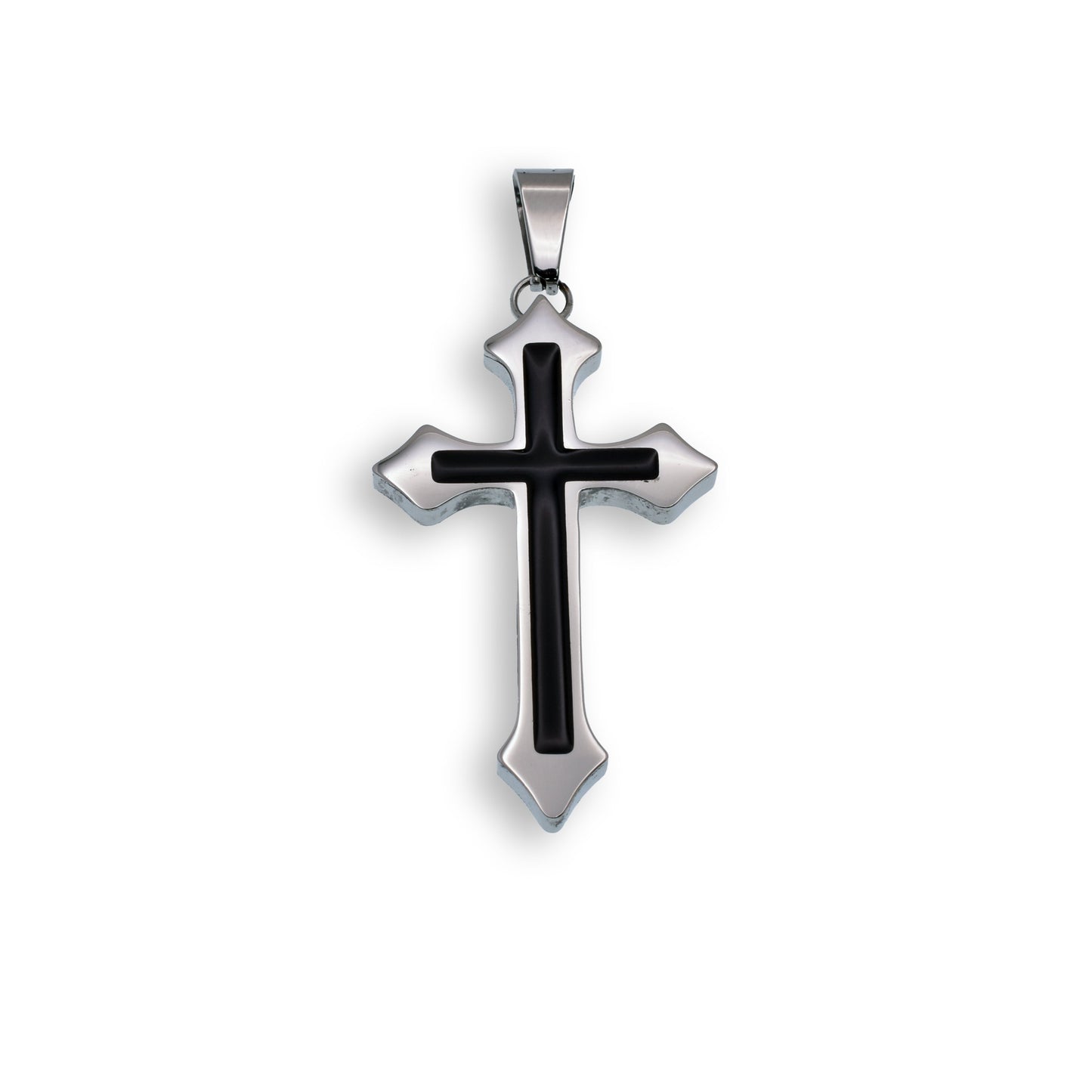 Black Rhodium Plated Stainless Steel Black Inlay Cross Pendant Christian Charm