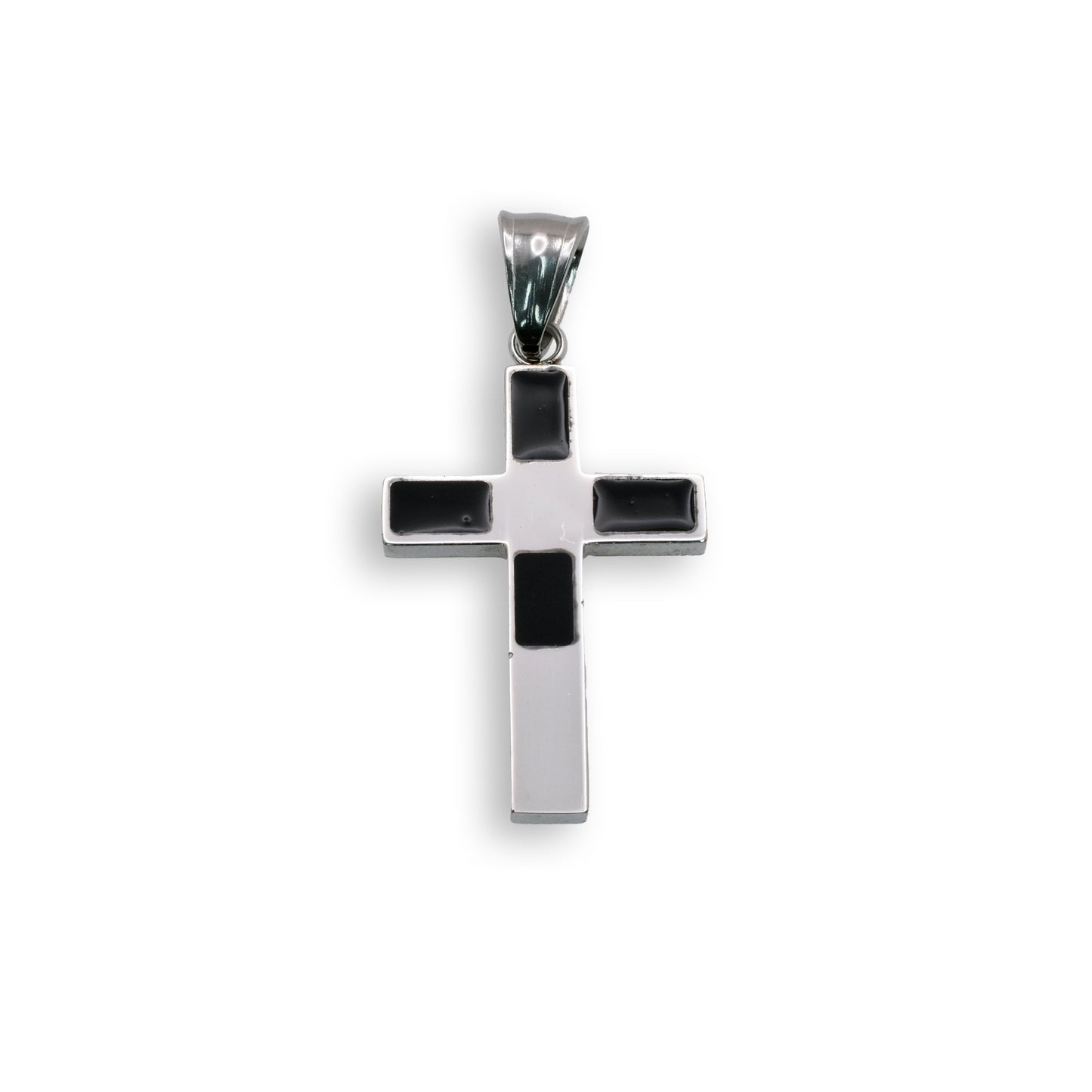 Rhodium Plated Stainless Steel Black Enamel Cross Pendant Christian Faith Charm