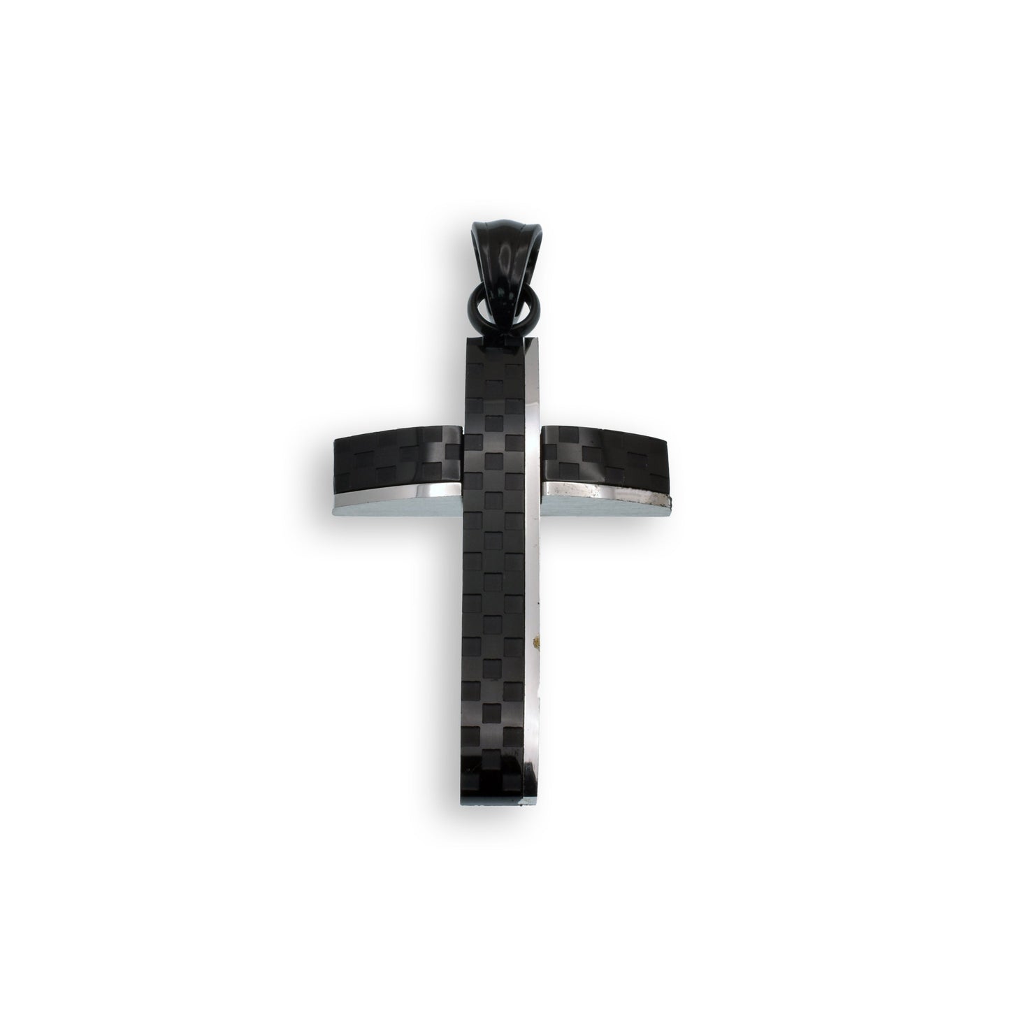 Black Rhodium Plated Stainless Steel Carbon Fiber Checkered Cross Pendant Charm