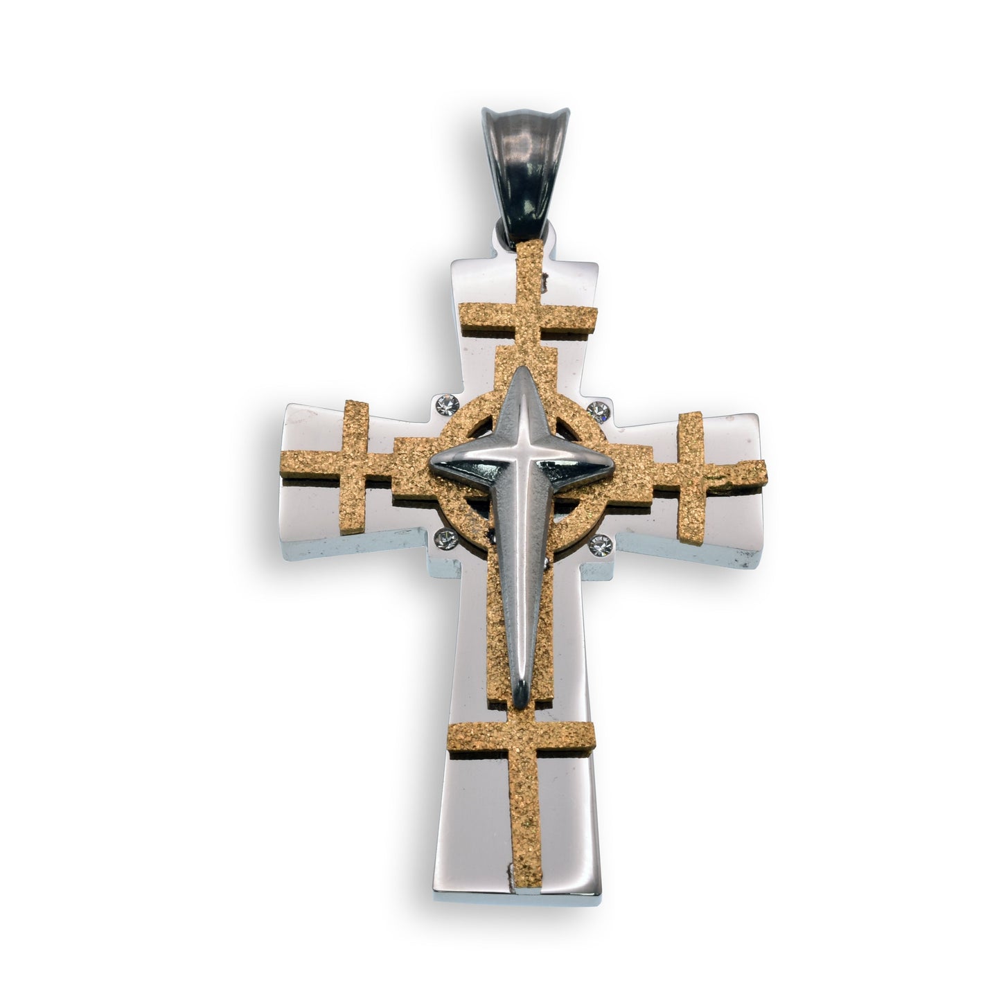 Two Tone Gold Shimmer & Rhodium Plated Stainless Steel Cross Christian Pendant