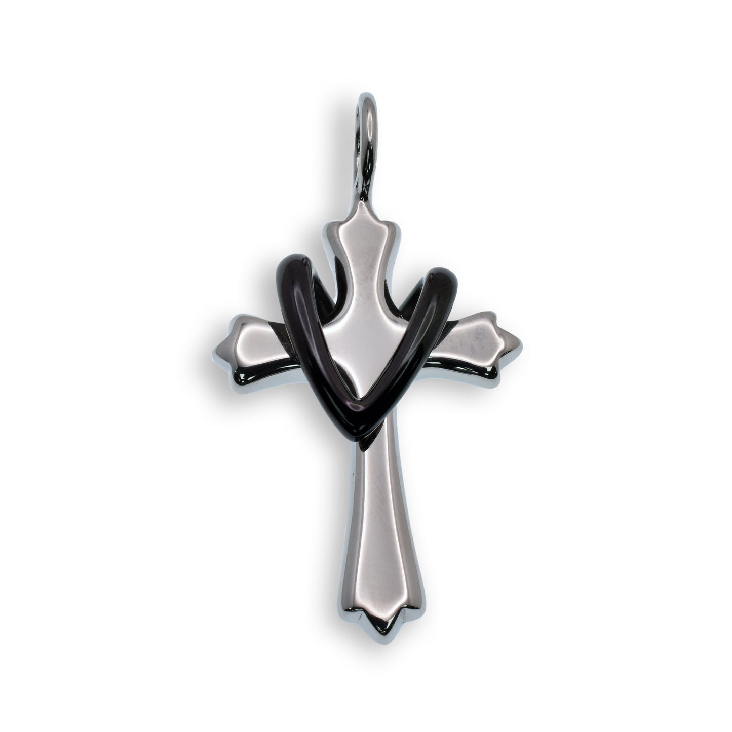 Rhodium Plated Stainless Steel Cross Black Drape Pendant Christian Faith Charm
