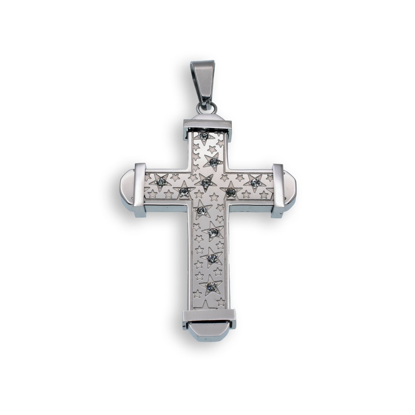 Rhodium Plated Stainless Steel Clear CZ Multi Star Cross Christian Pendant Charm