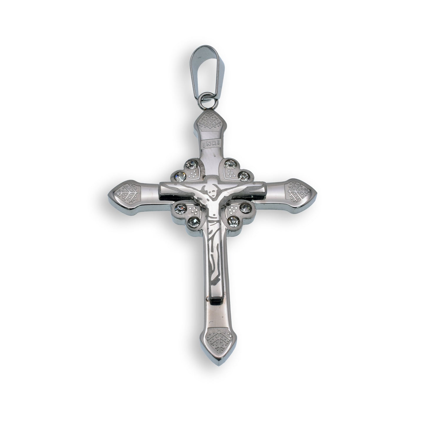 Rhodium Plated Stainless Steel Clear CZ Etched Crucifix Cross Christian Pendant