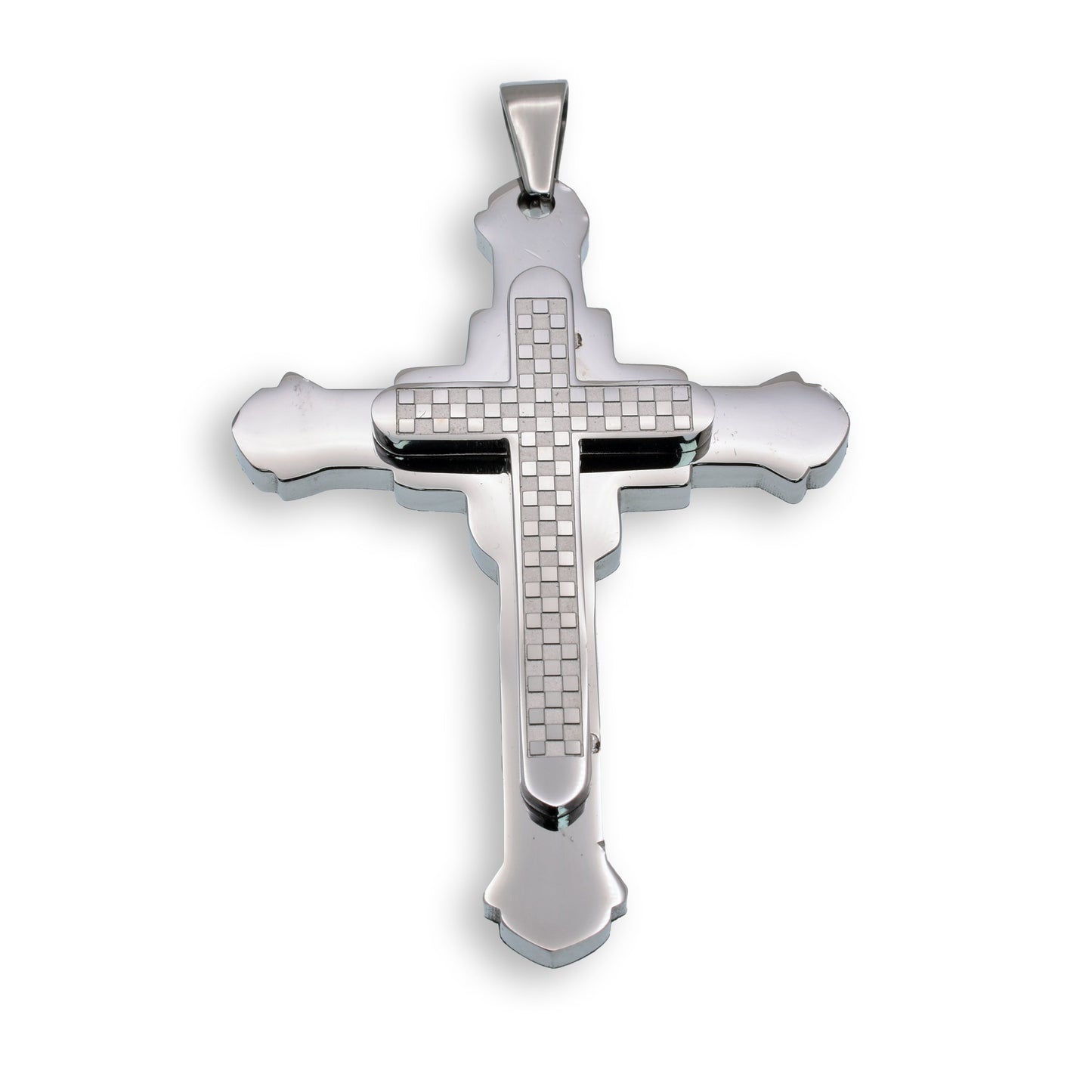 Rhodium Plated Stainless Steel Double Layered Checkered Cross Christian Pendant