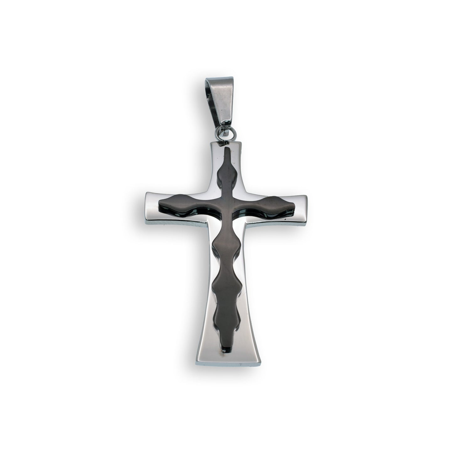 Black & Rhodium Plated Stainless Steel Double Layered Cross Christian Pendant