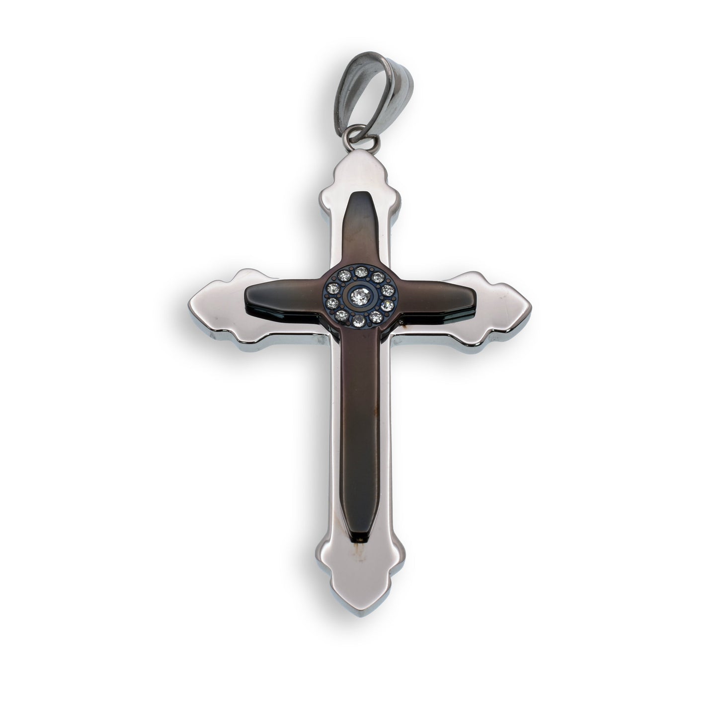 Black & Rhodium Plated Stainless Steel Double Layered CZ Cross Christian Pendant