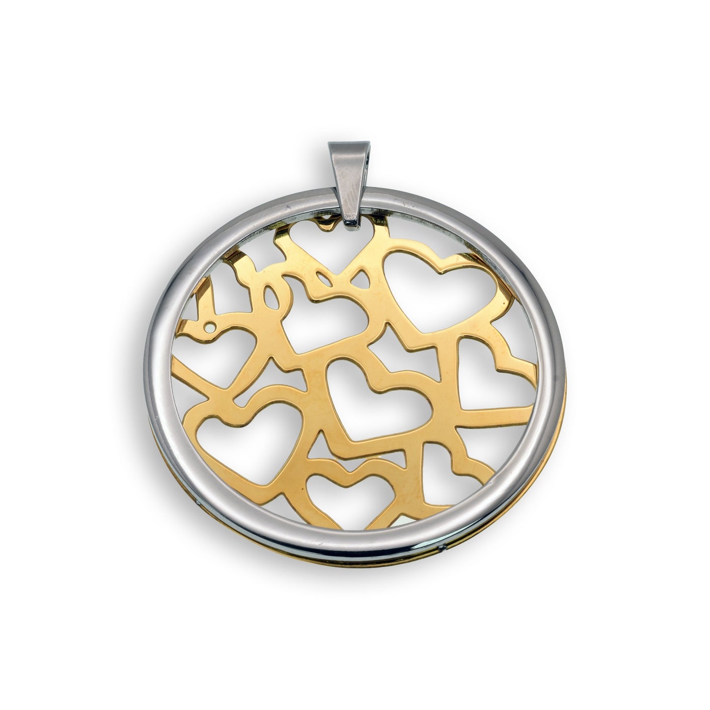 Two Tone Gold & Rhodium Plated Stainless Steel Multi Heart Inlay Pendant Charm
