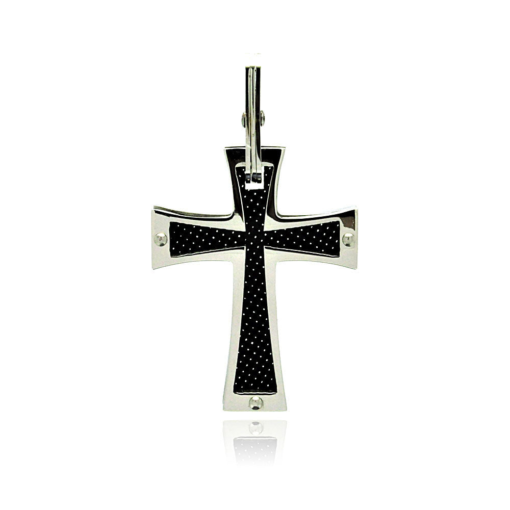 Rhodium Plated Stainless Steel Carbon Fiber Checkered Cross Christian Pendant