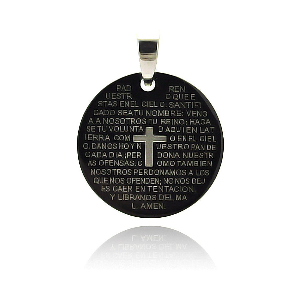 Black Rhodium Plated Stainless Steel Spanish Our Father Prayer Christian Pendant