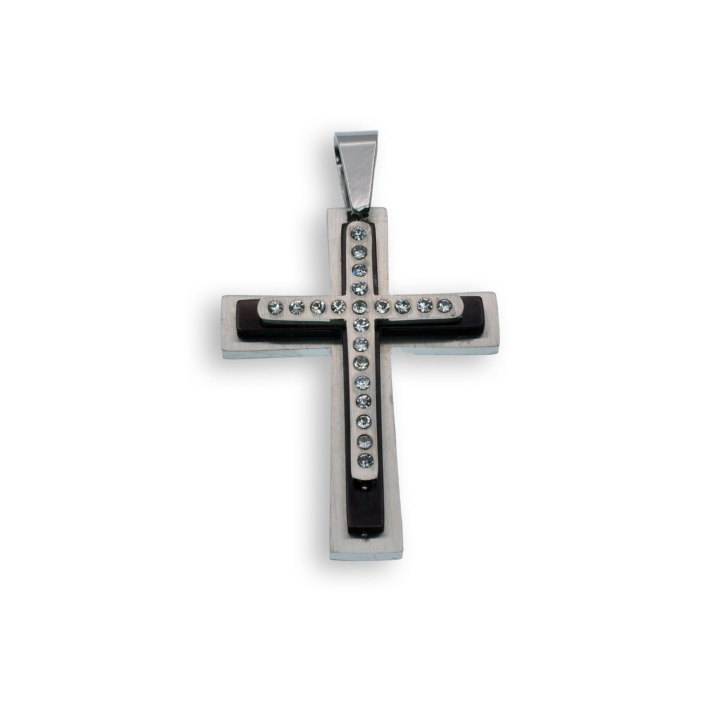 Black & Rhodium Plated Stainless Steel Double Layered Clear CZ Cross Pendant