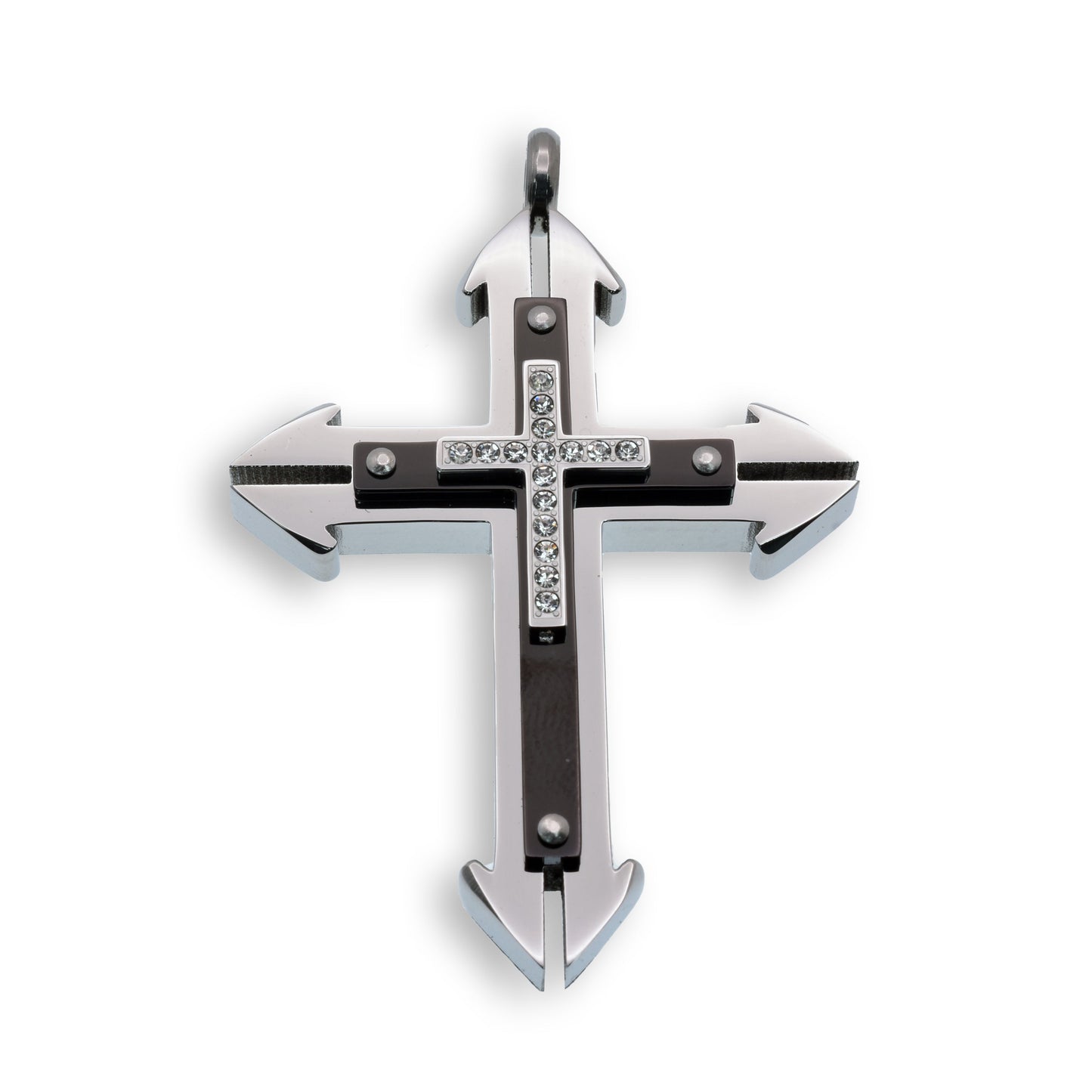 Black & Rhodium Plated Stainless Steel Clear CZ Layered Cross Pendant Charm
