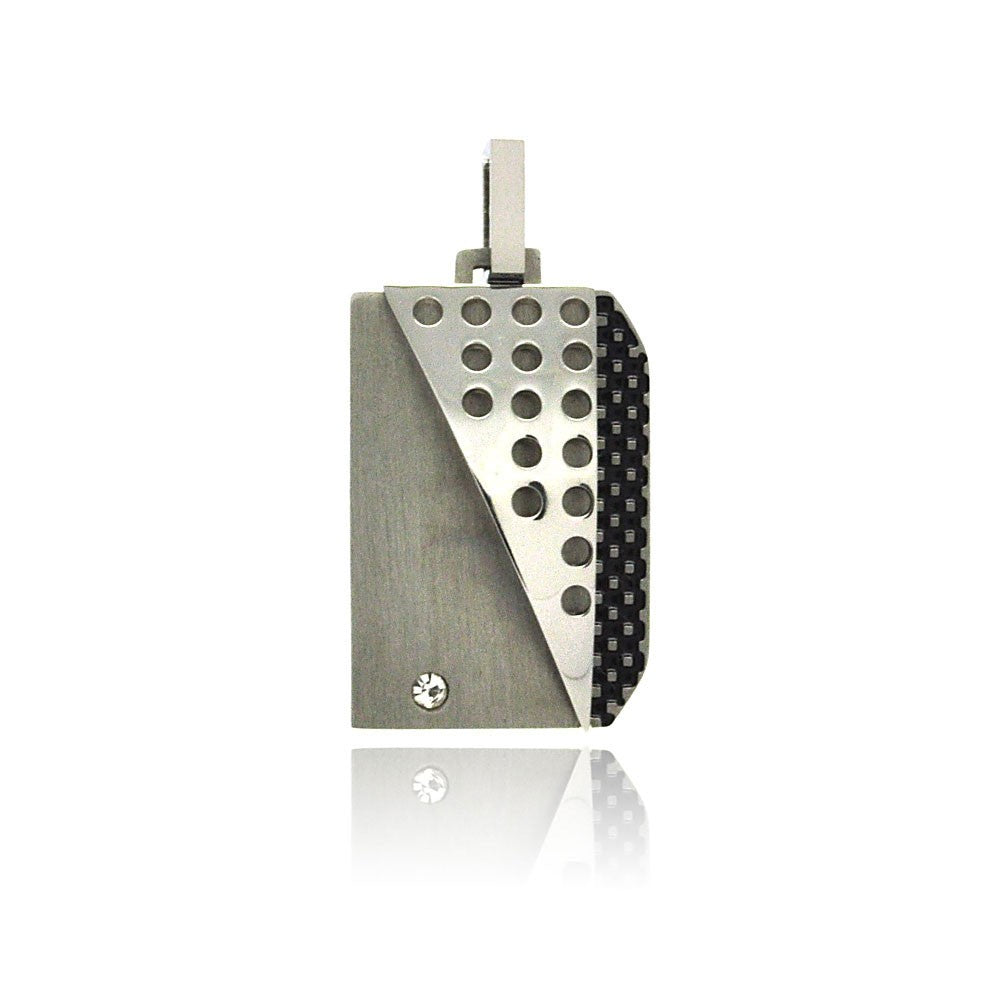 Rhodium Plated Stainless Steel Textured Clear CZ Dog Tag Pendant Charm