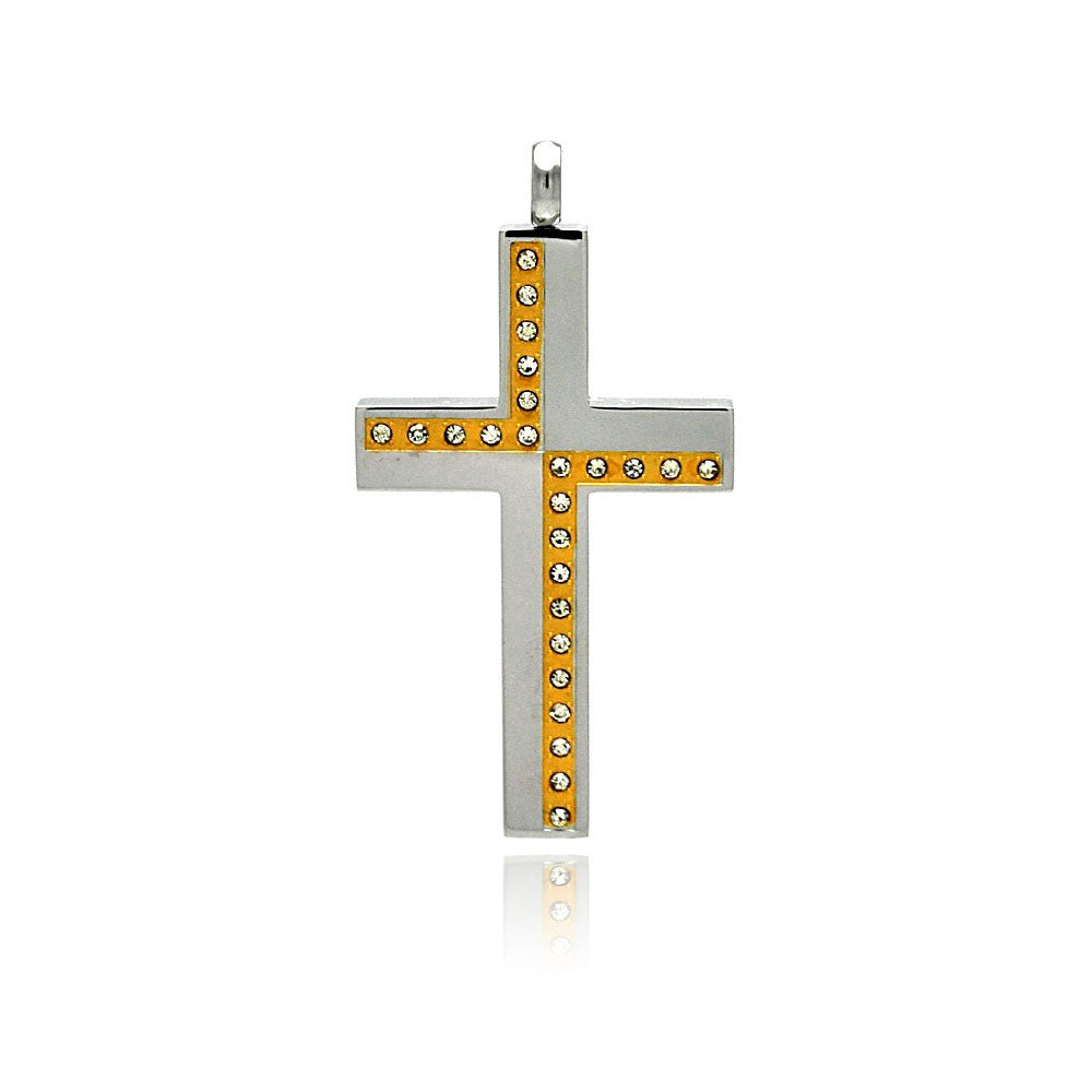 Two Tone Gold & Rhodium Plated Stainless Steel Clear CZ Cross Pendant Charm
