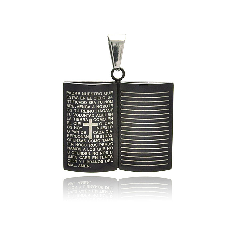 Black & Rhodium Plated Stainless Steel Bible Our Father Prayer Pendant Charm