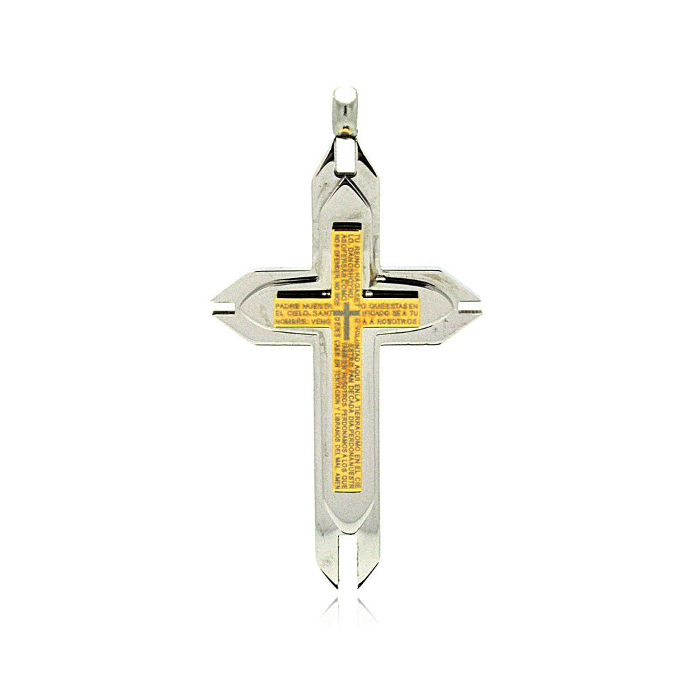 Gold & Rhodium Plated Stainless Layered Spanish Our Father Prayer Cross Pendant