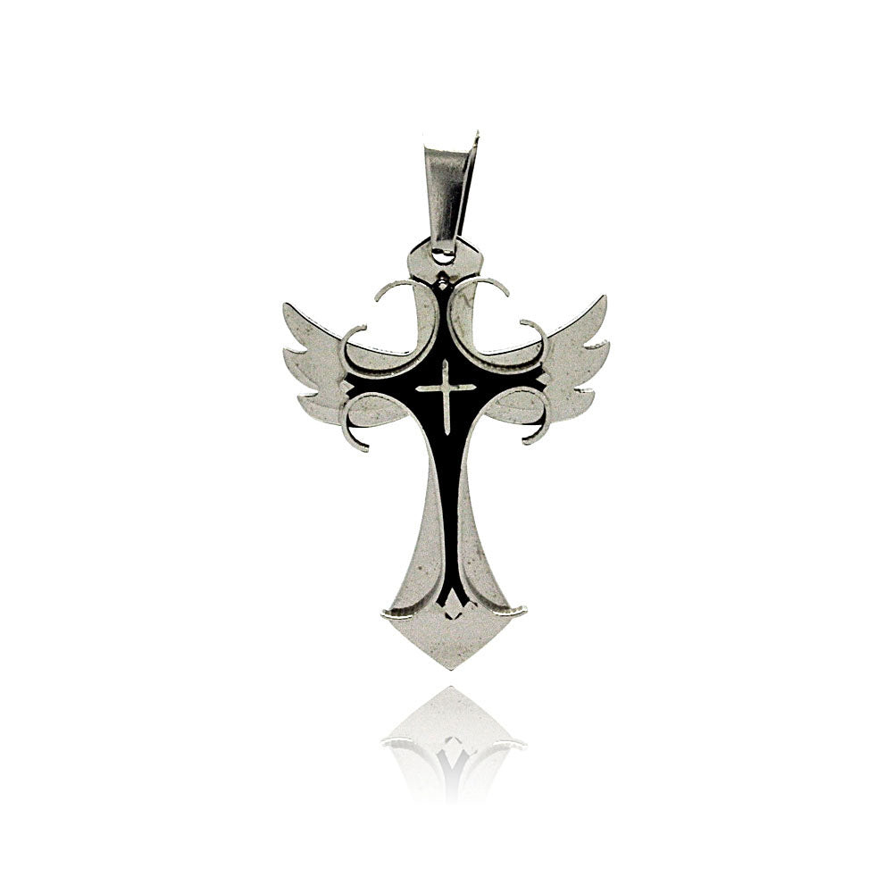 Rhodium Plated Stainless Steel Winged Black Inlay Cross Pendant Christian Charm