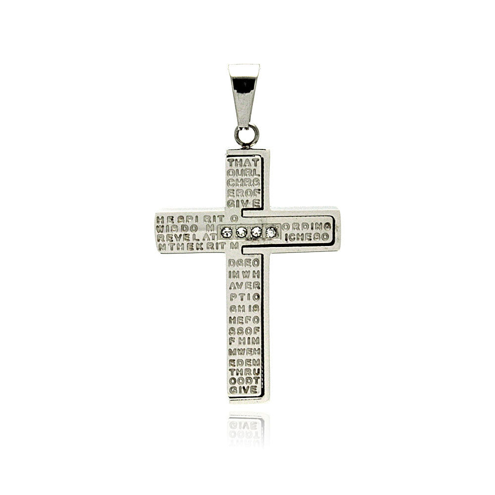 Rhodium Plated Stainless Steel Bible Verse Clear CZ Cross Pendant Christian
