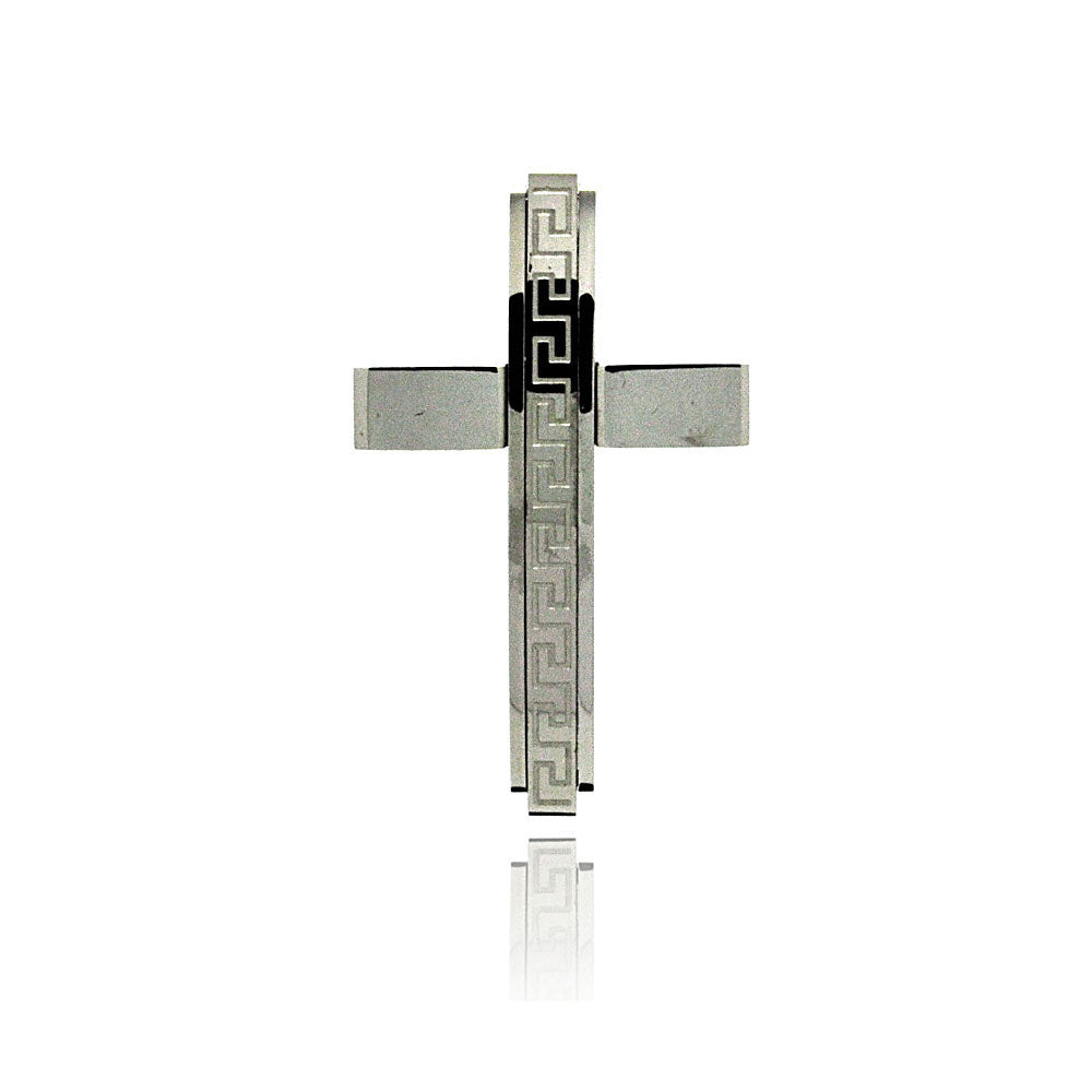 Rhodium Plated Stainless Steel Greek Key Cross Pendant Christian Charm