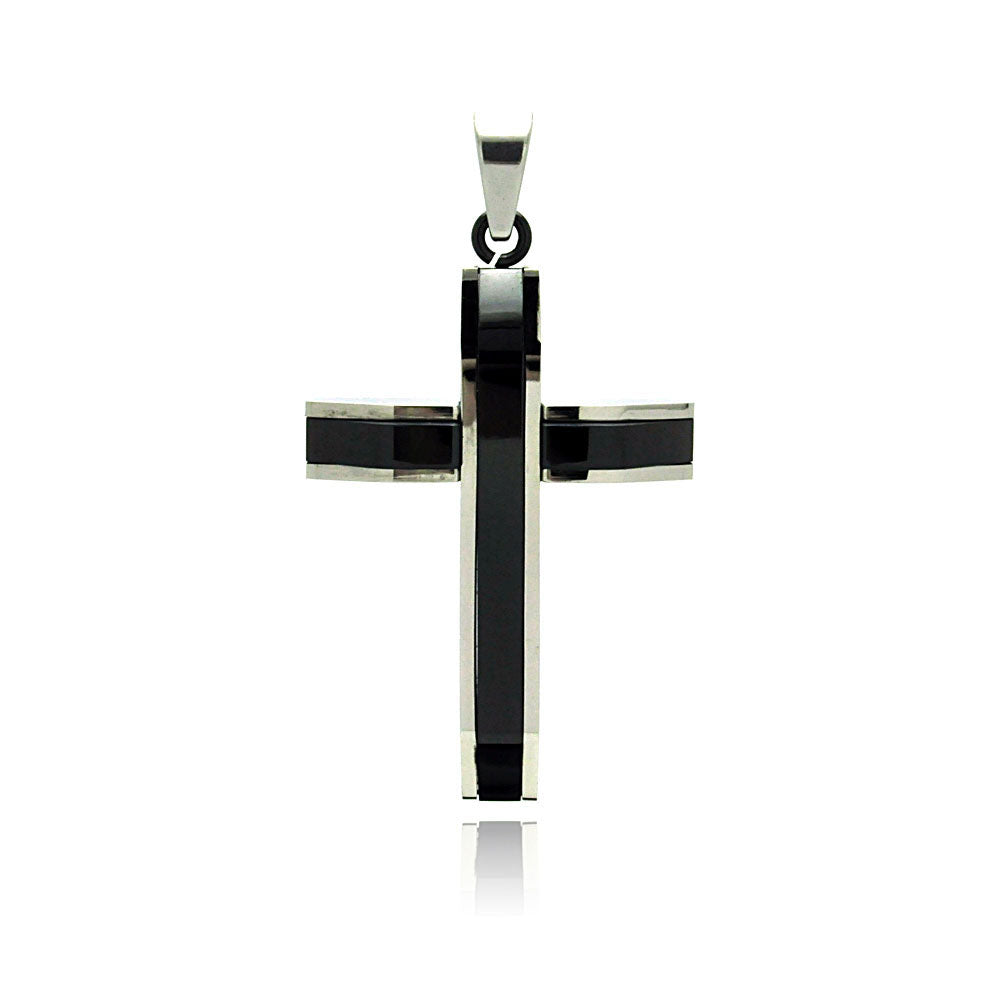 Black & Rhodium Plated Stainless Steel Bulky Cross Pendant Christian Charm