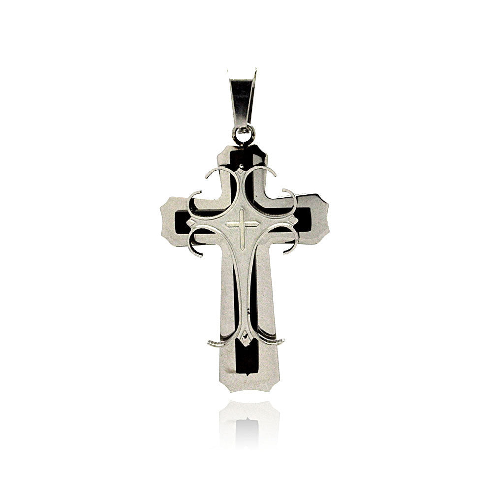 Black & Rhodium Plated Stainless Steel Layered Cross Pendant Christian Charm