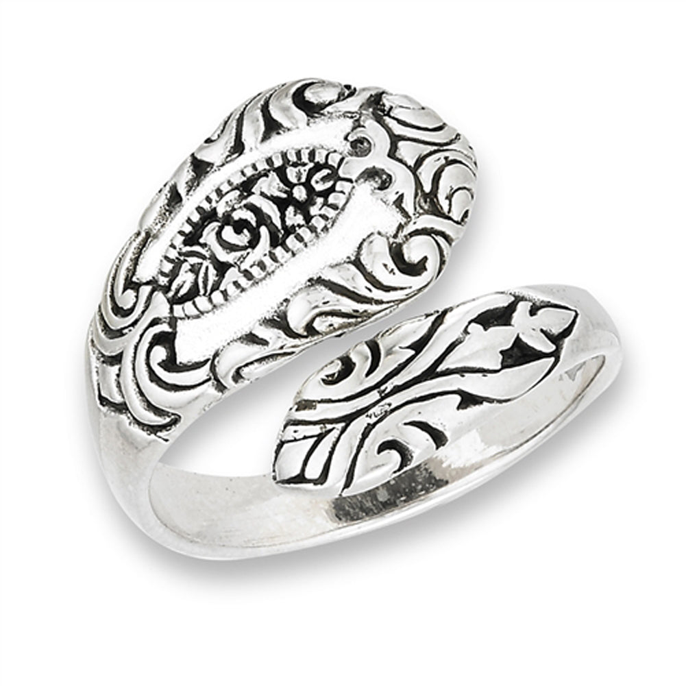 Oxidized Victorian Style Spoon Rose Flower Ring Sterling Silver Band Sizes 6-10