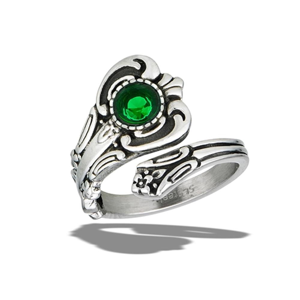 Stainless Steel Emerald CZ Spoon Ring