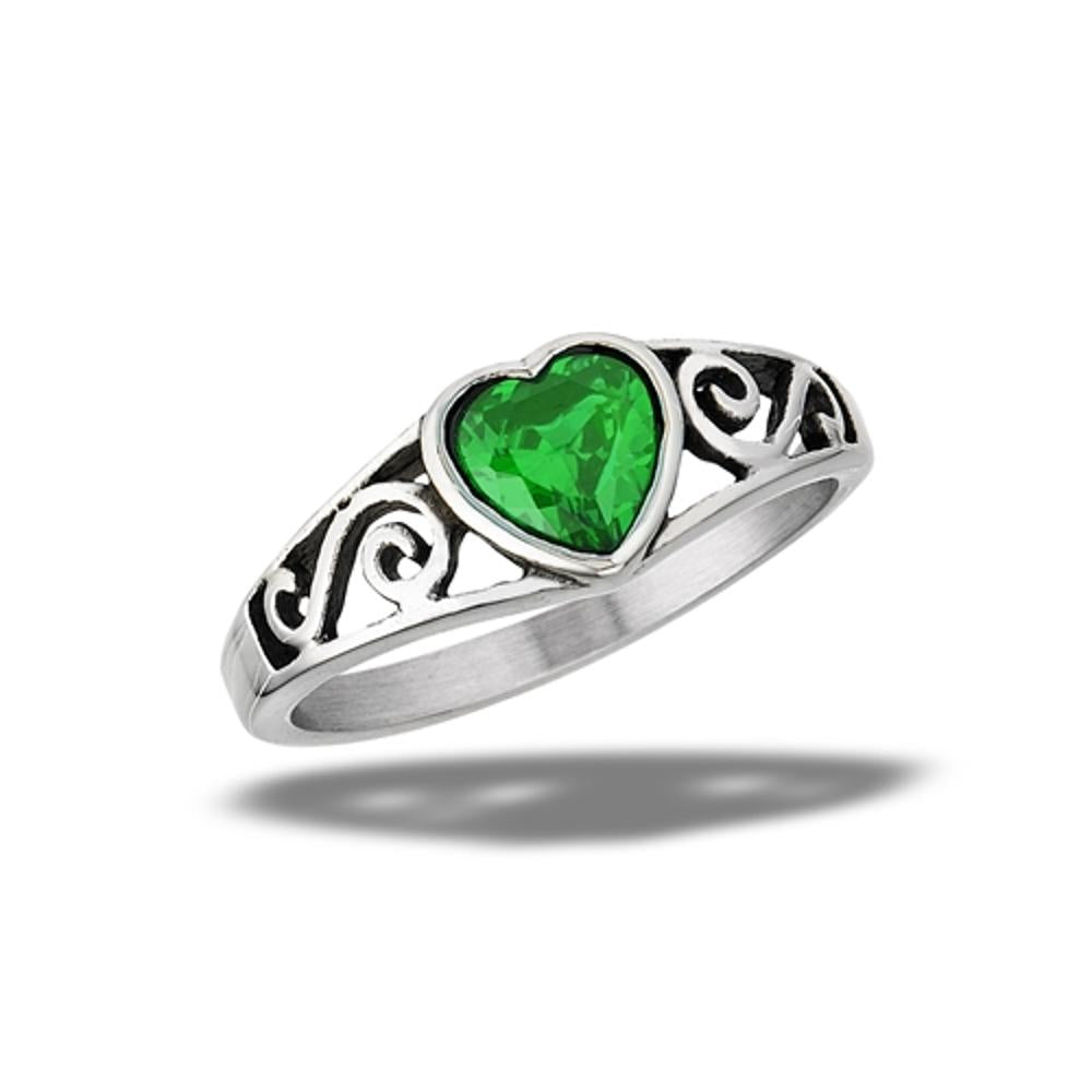 Stainless Steel Emerald CZ Heart Ring