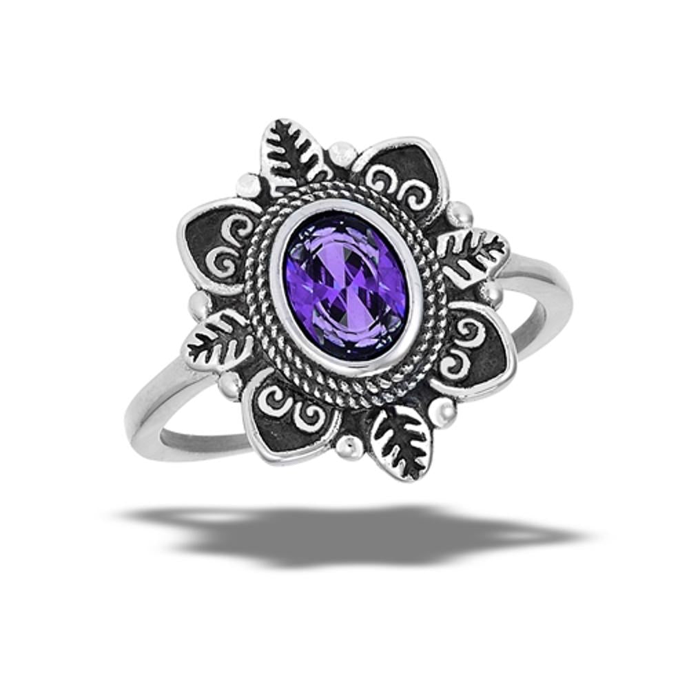 Stainless Steel Amethyst CZ Flower Leaf Oxidized Garden Heart Ring Sizes 7-10