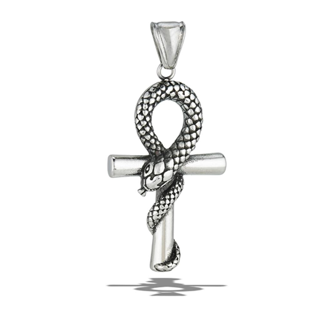 Stainless Steel Polished Serpent Enveloping Ankh Pendant Snake Key of Life Charm