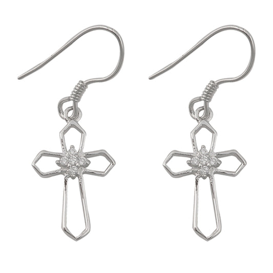 Sterling Silver Simple Geometric Cross Star Cluster Outline Earrings Clear CZ